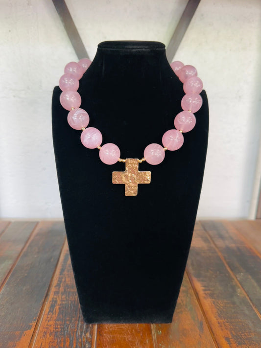 Pink + Gold Cross Pendant Marble Ball Necklace