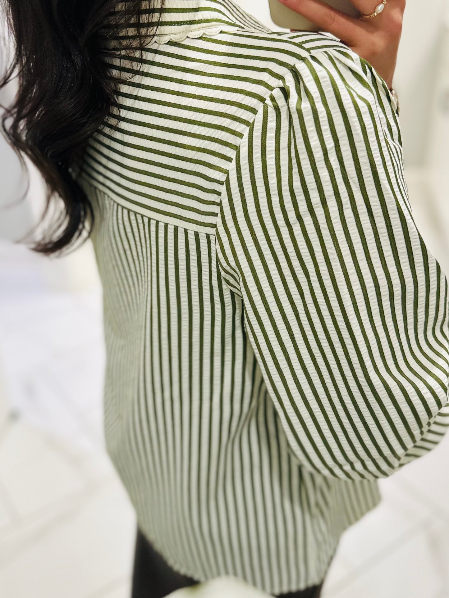 The Kathy Olive Green Striped Scallop Top