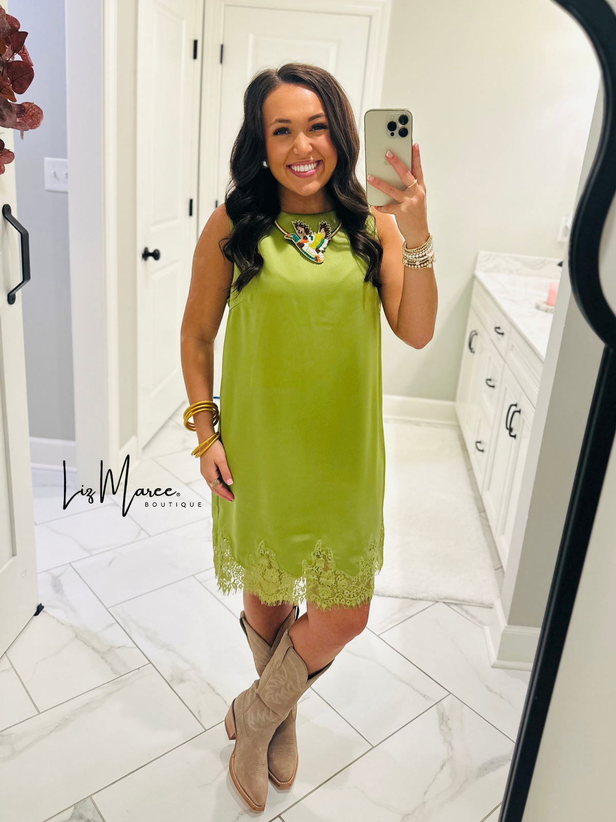 The Lola Olive Green Satin Lace Dress