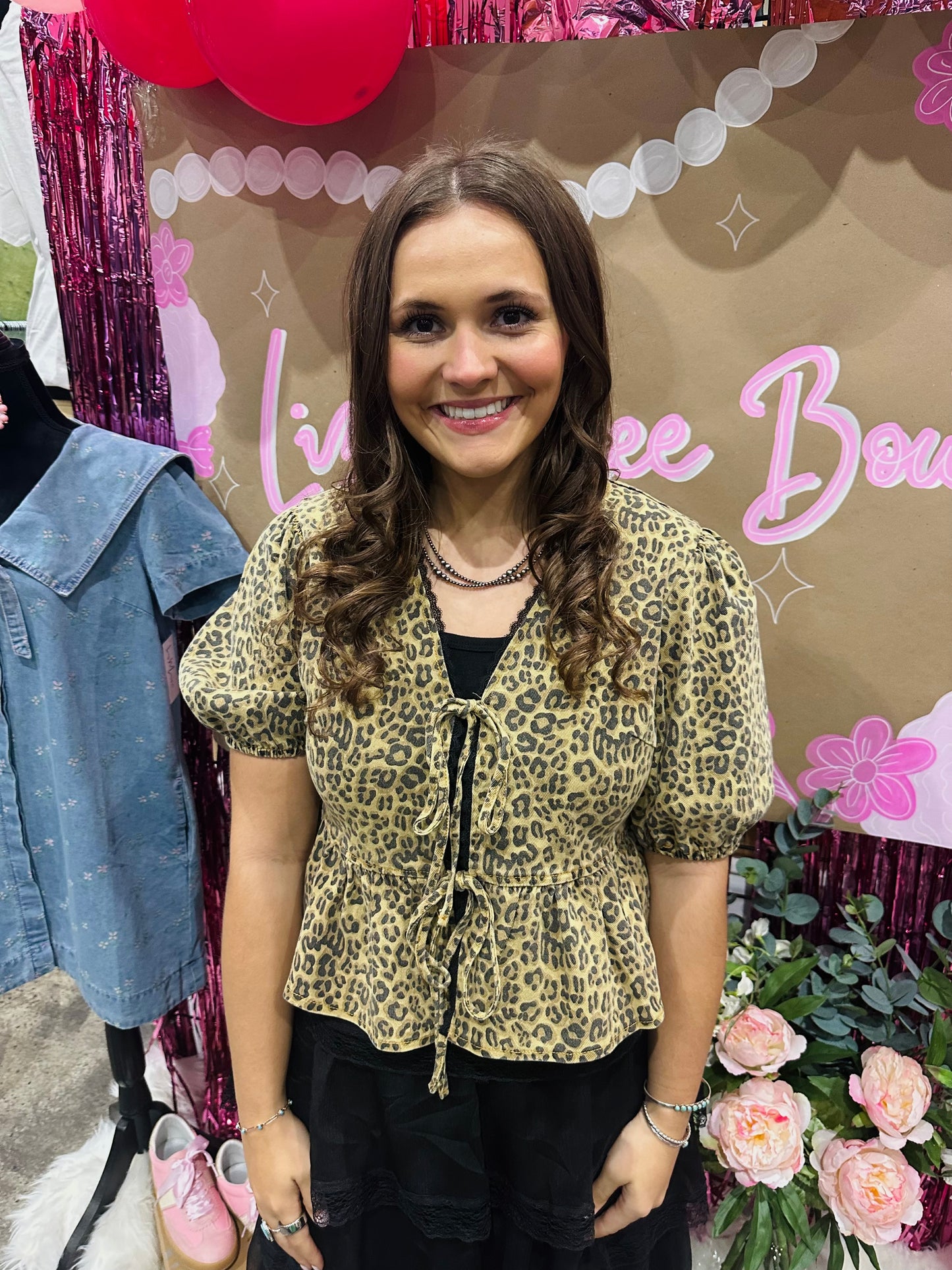 The Lenny Leopard Denim Front Bow Tie Top