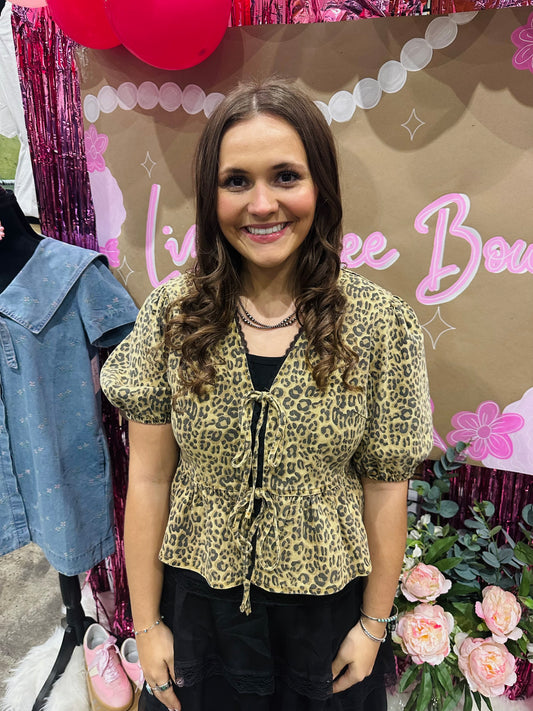 The Lenny Leopard Denim Front Bow Tie Top