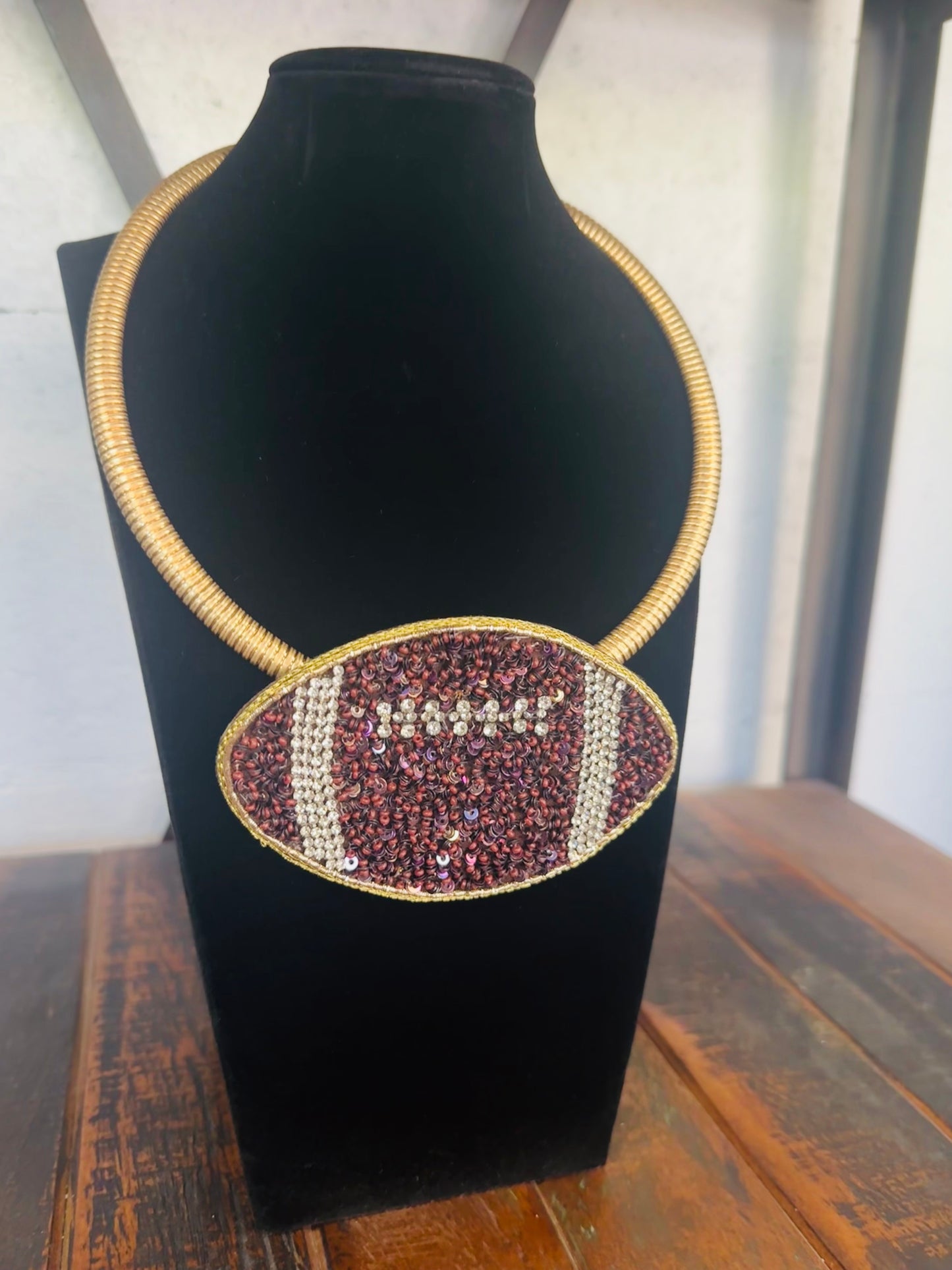 Brown Beaded Football Collar Necklace