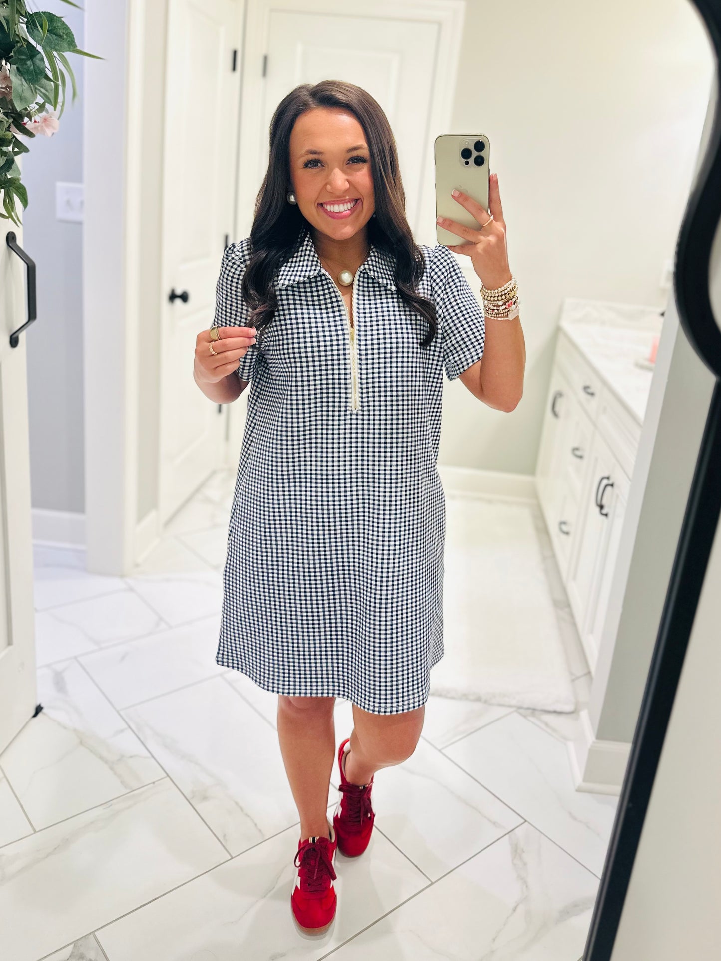 The Lee Navy Gingham Quarter Zip Dress