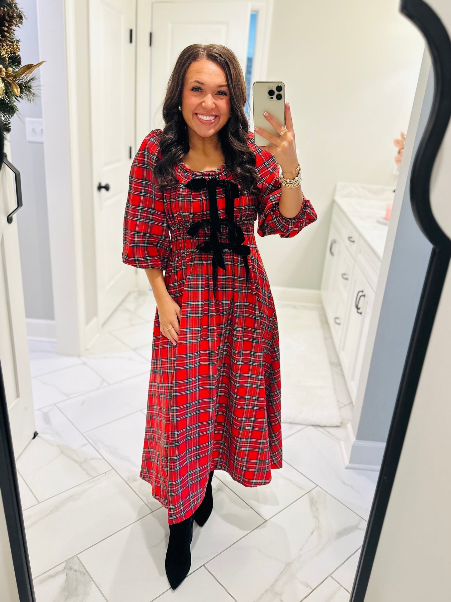 The Eve Red Holiday Plaid Bow Midi Dress