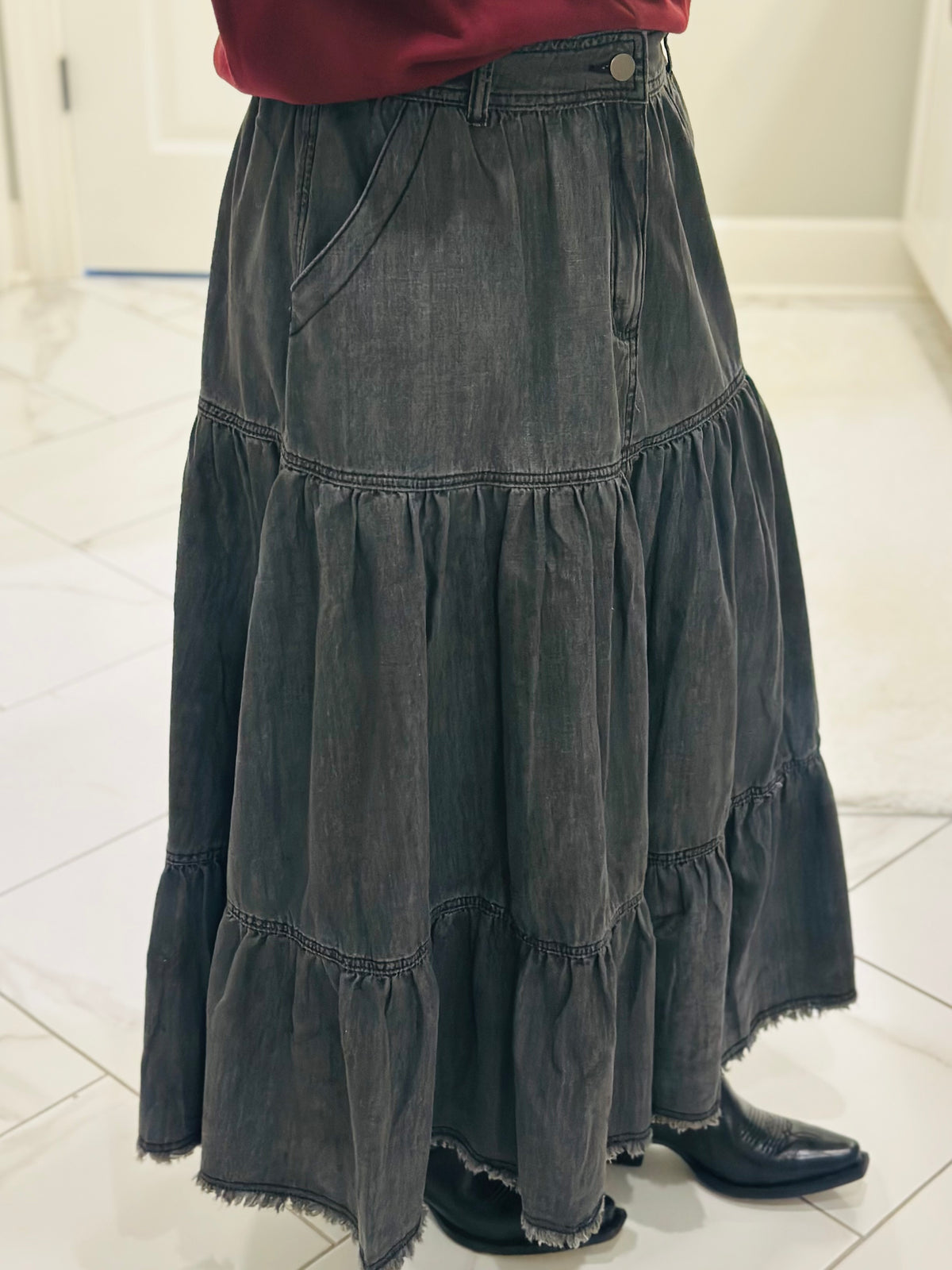 The Callie Black Denim Tiered Midi Skirt