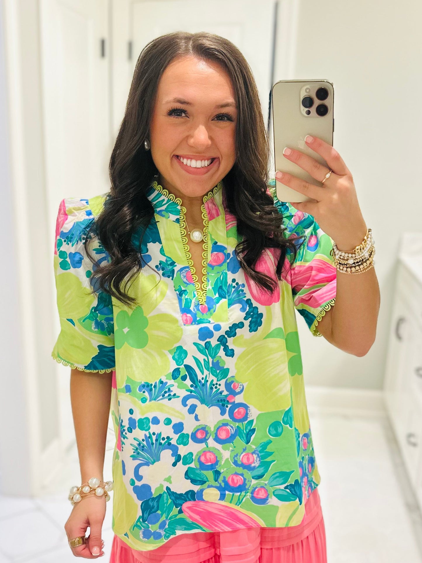 The Remi Lime Green Floral Scallop Trim Top