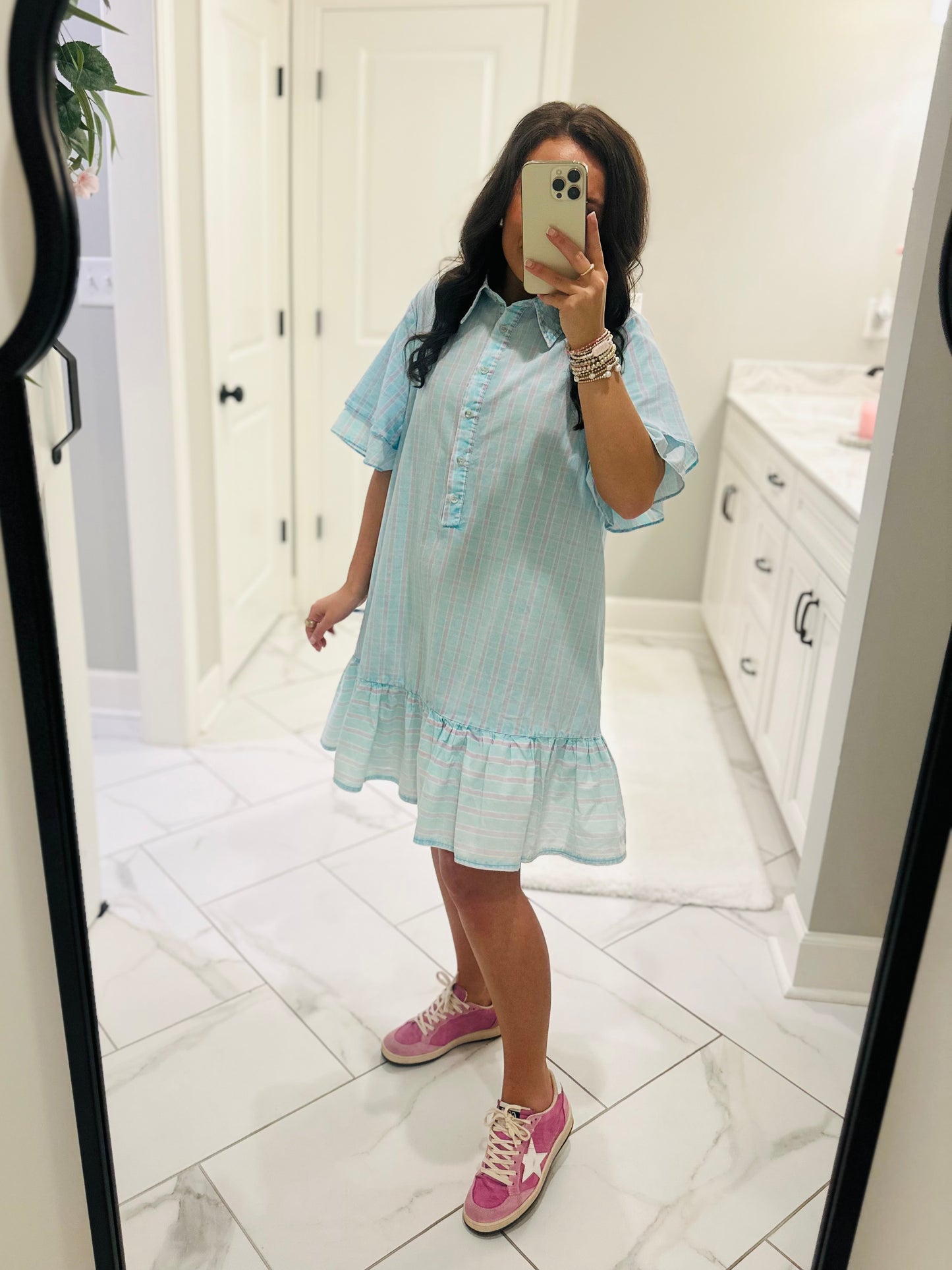 The Laylin Blue Striped Mineral Washed Shirt Dress
