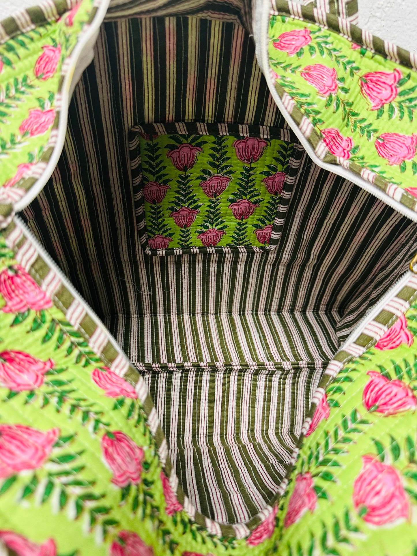 The Green + Pink Ivy Floral Quilted Tote Bag
