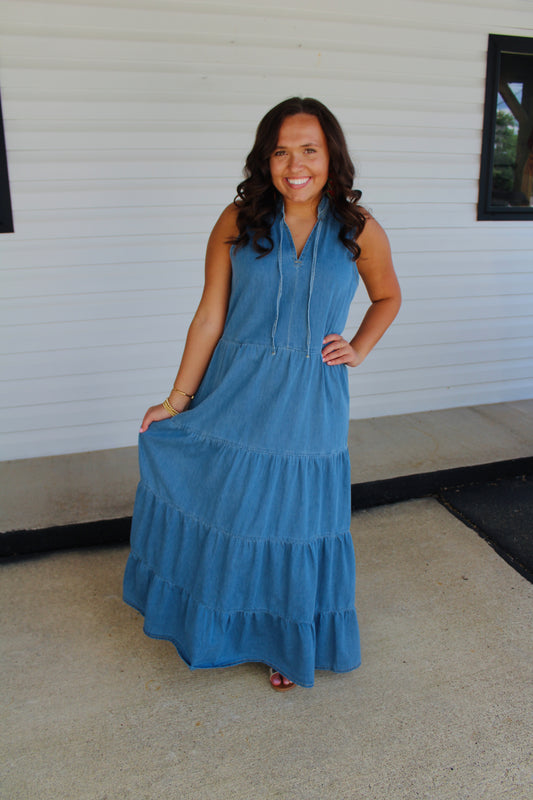 The Charity Light Wash Denim Maxi Dress