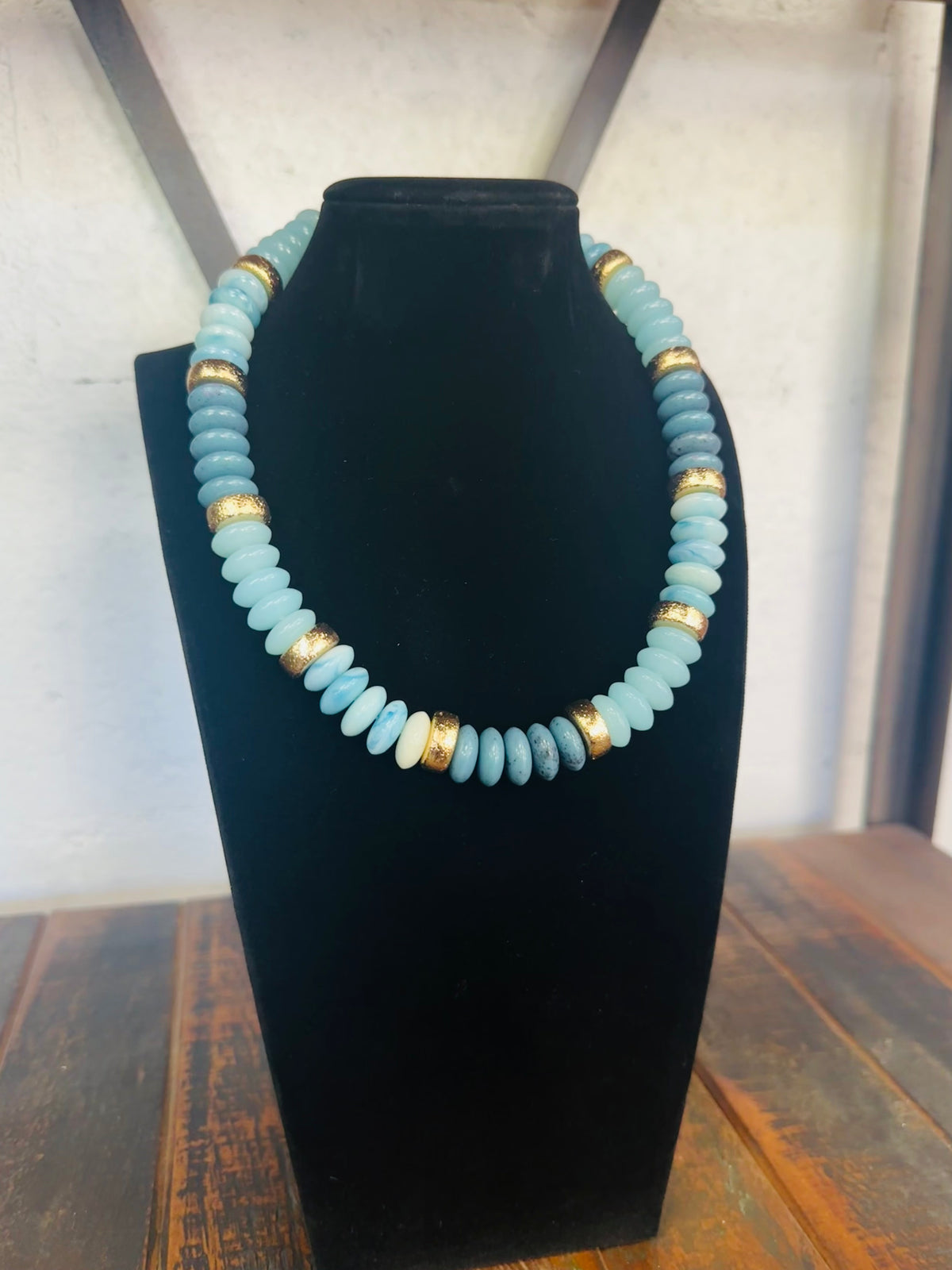 Turquoise + Gold Wide Bead Necklace