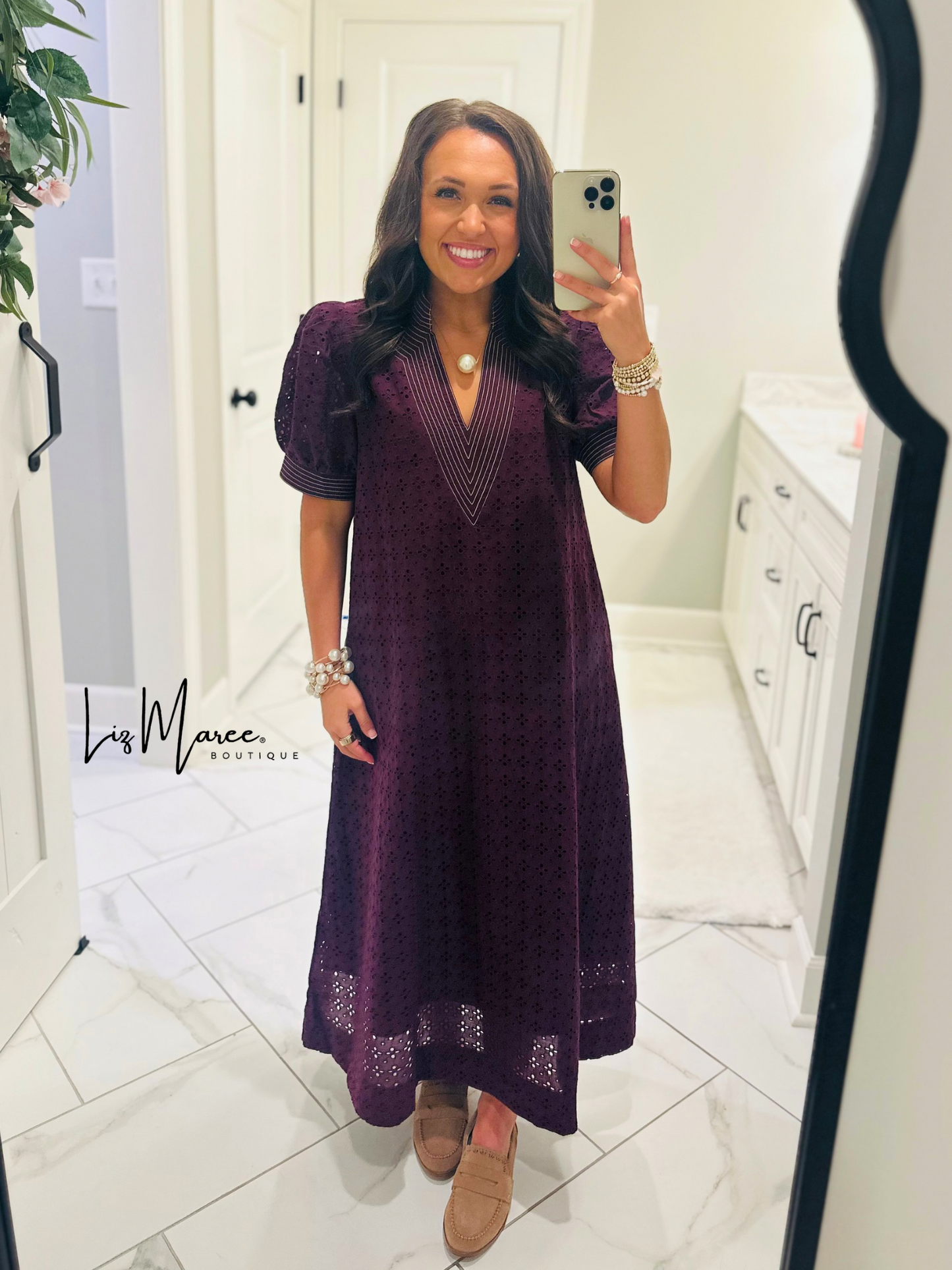 The Adley Merlot Eyelet Midi Dress