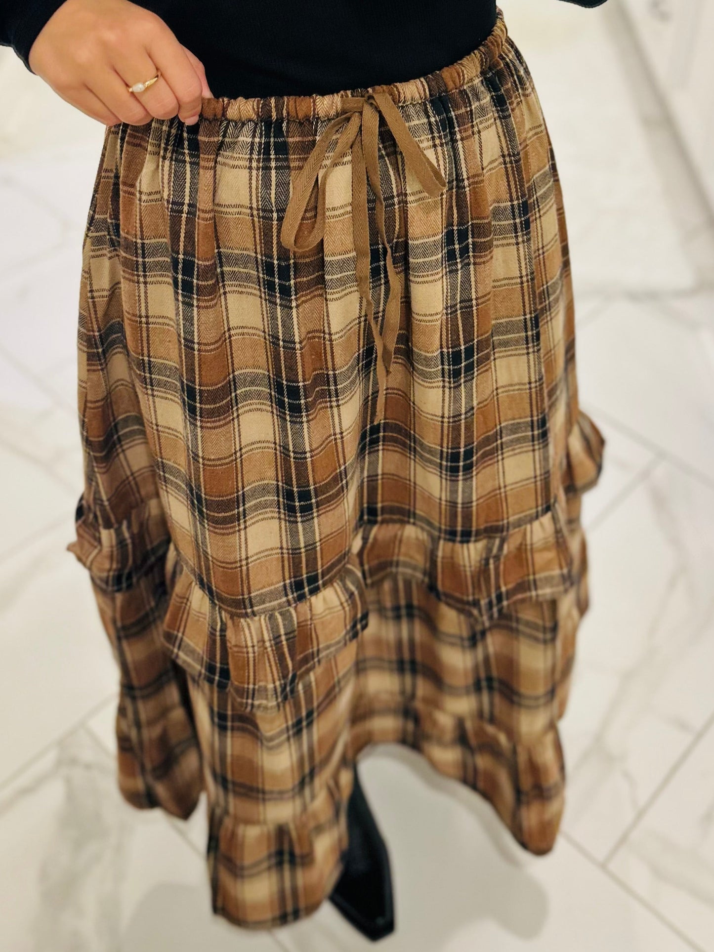 The Raine Mocha Plaid Ruffle Tiered Midi Skirt