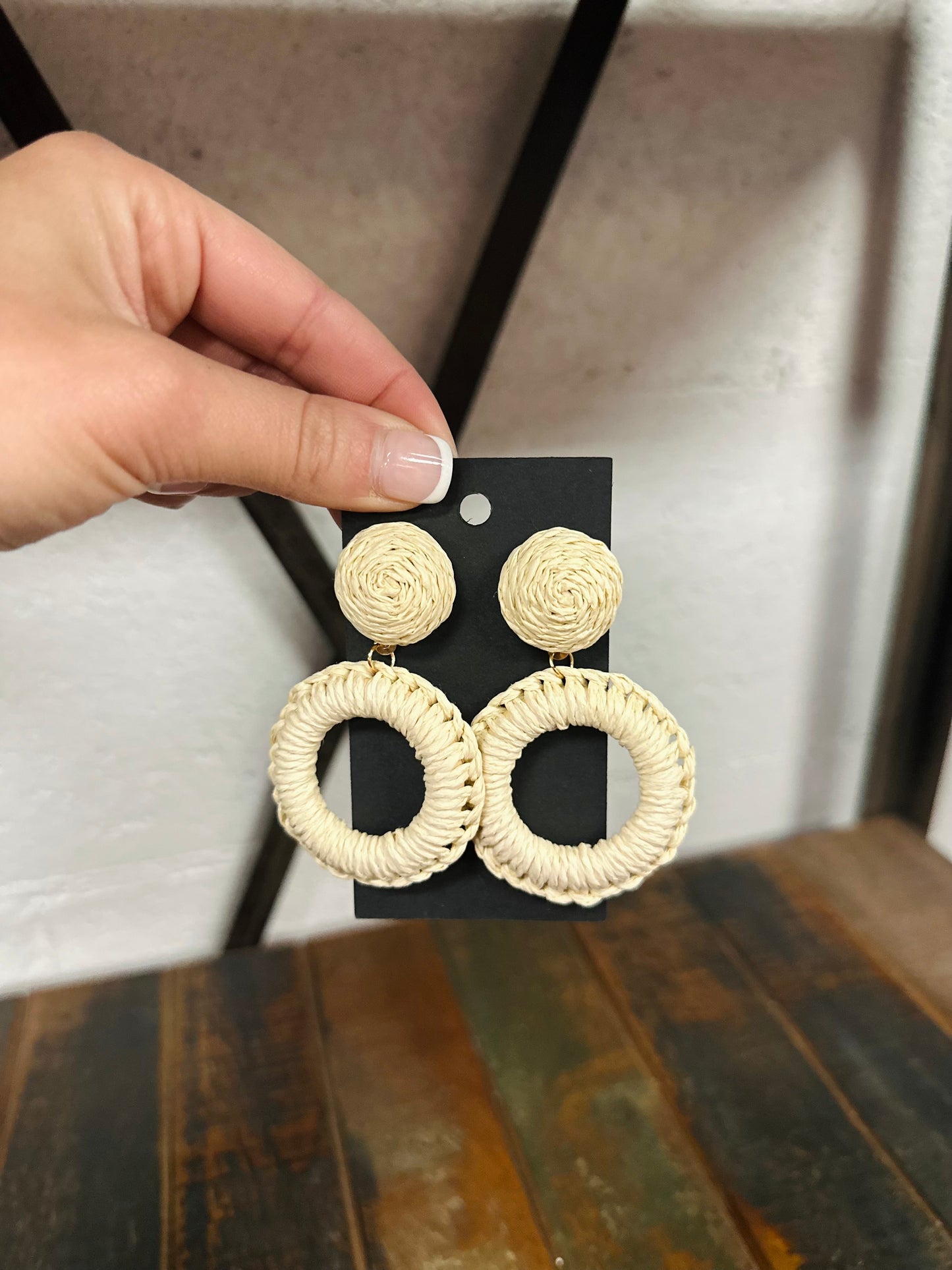 Ivory Rattan Wrapped Circle Drop Earrings