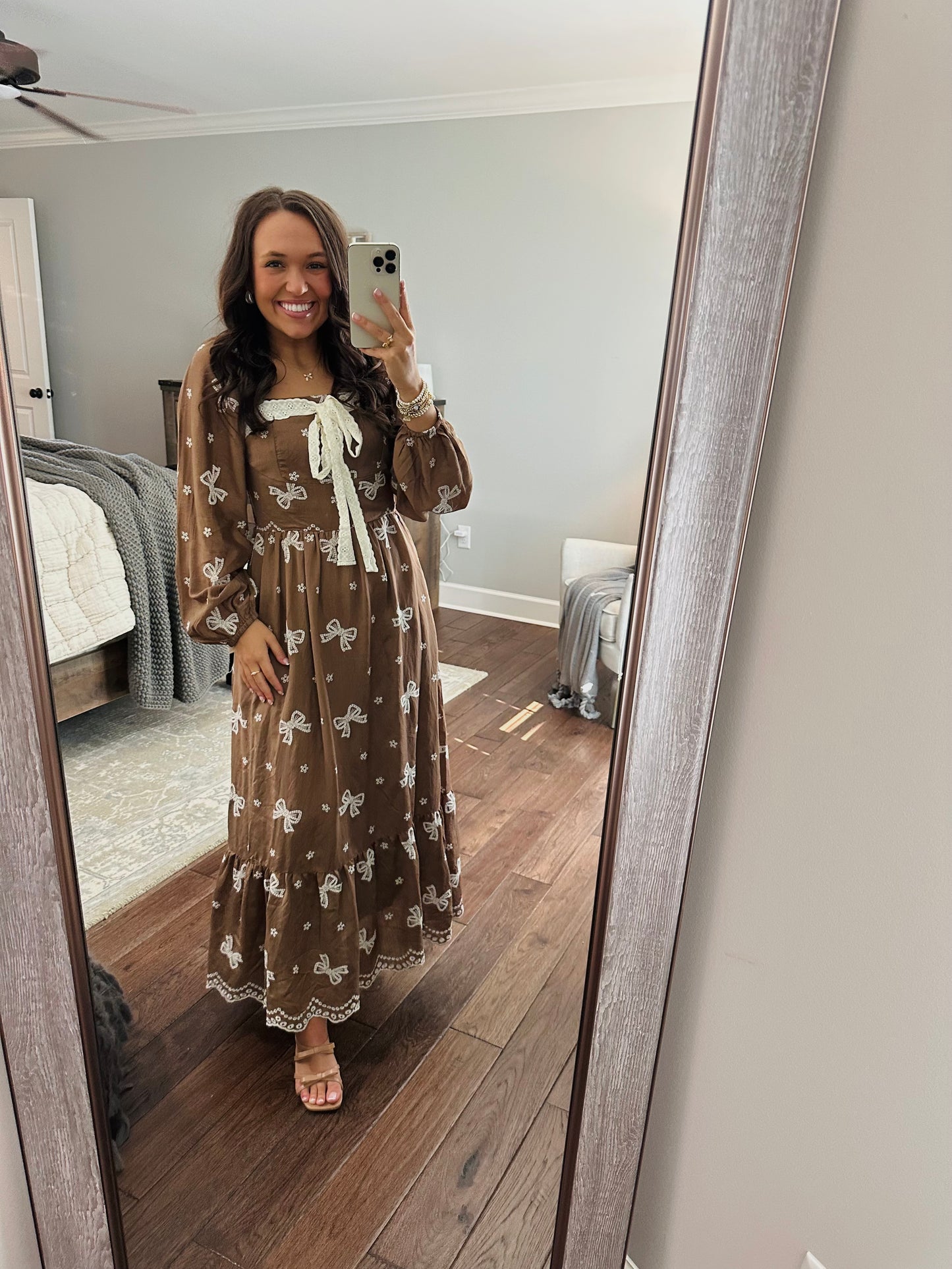 The Bruna Brown Bow Embroidered Midi Dress