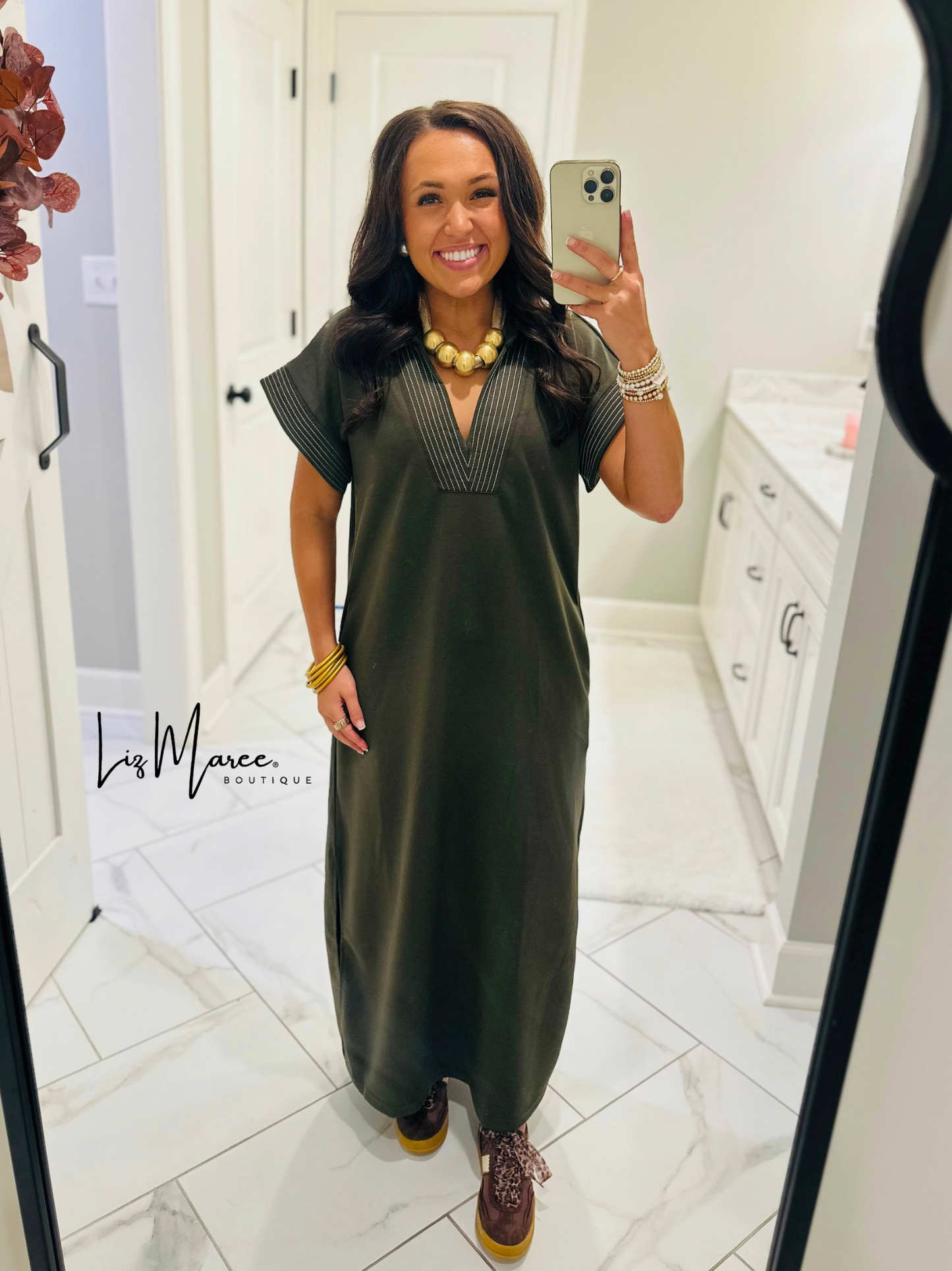 The Parker Olive Collared Stitch Midi Dress
