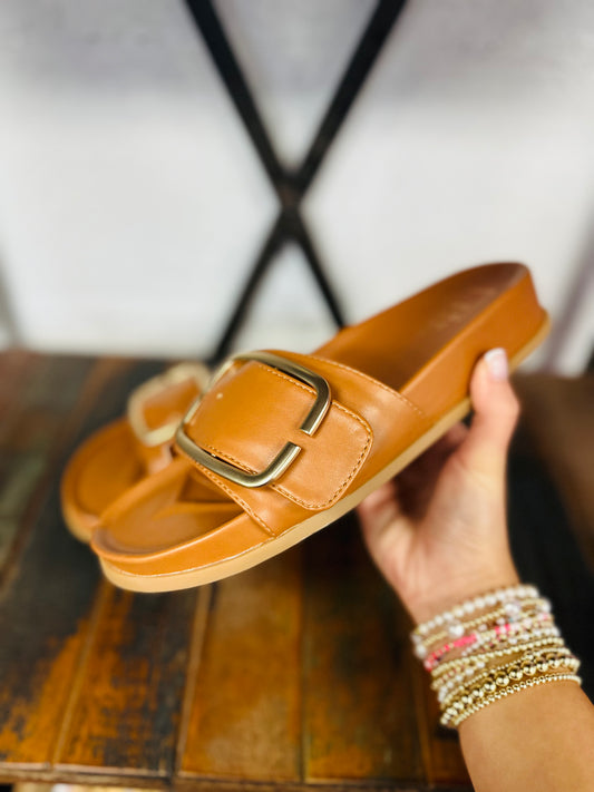 The Delphine Camel Brown Slide Sandal