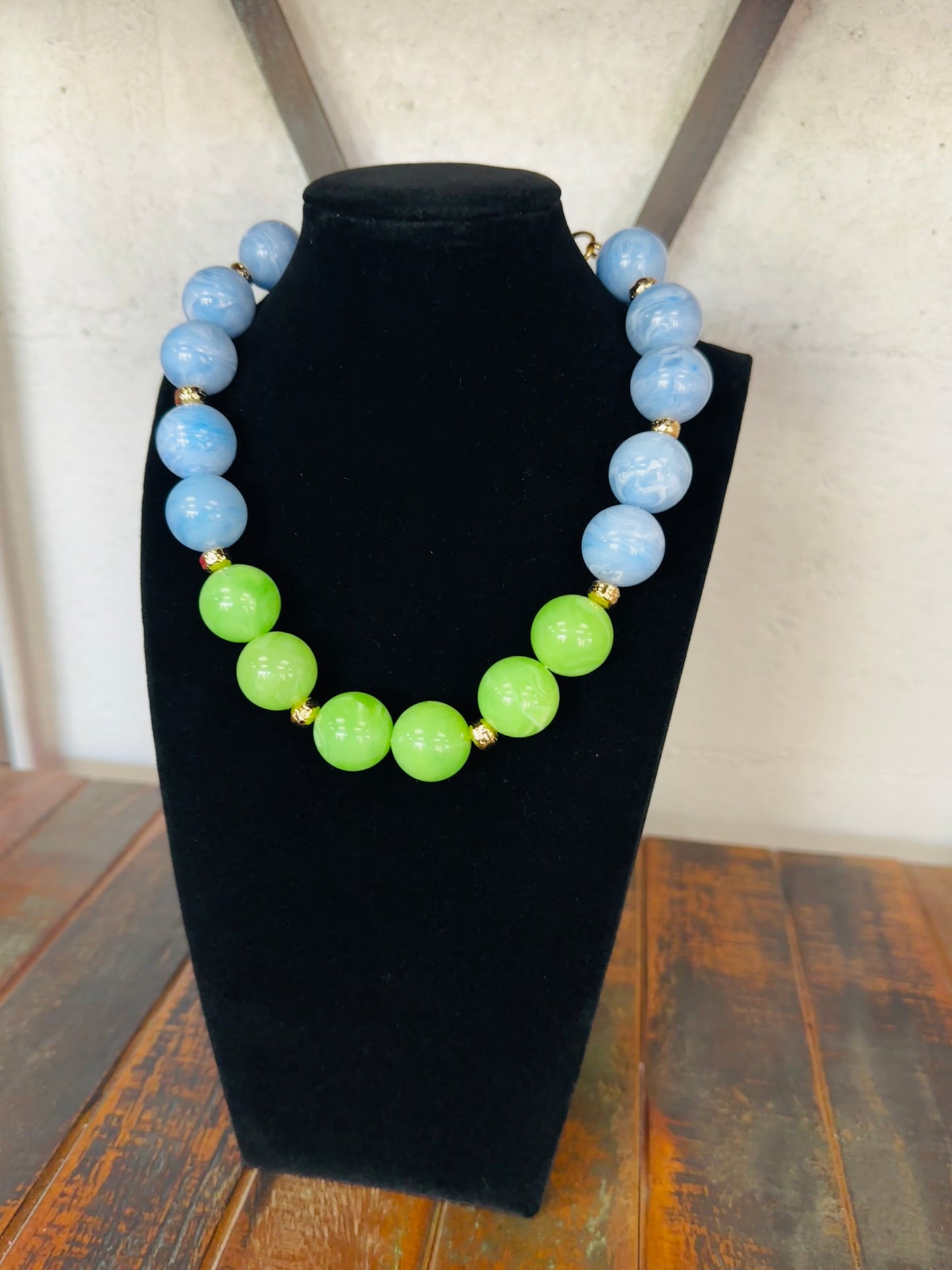 Blue + Lime Green Acrylic Beaded Ball Necklace