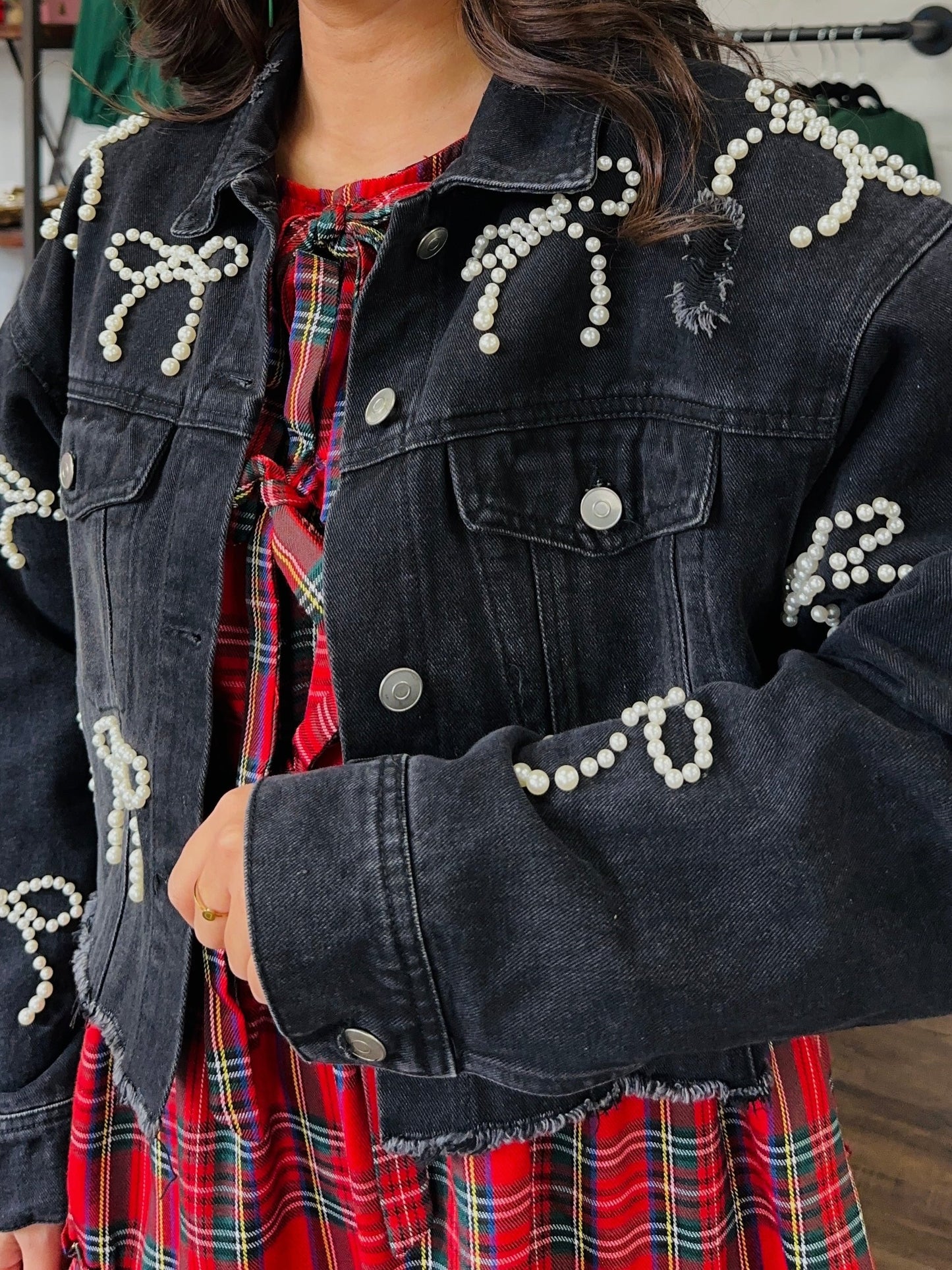 Black Denim Washed Pearl Bow Cropped Jacket