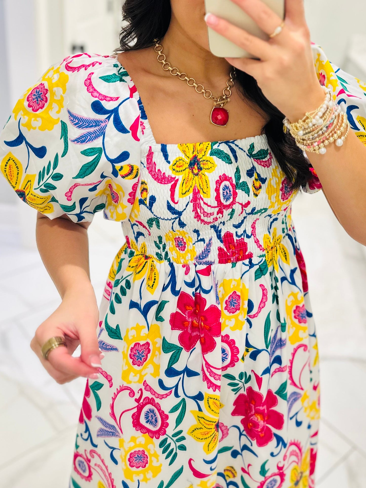 The Kes White Floral Smocked Midi Dress