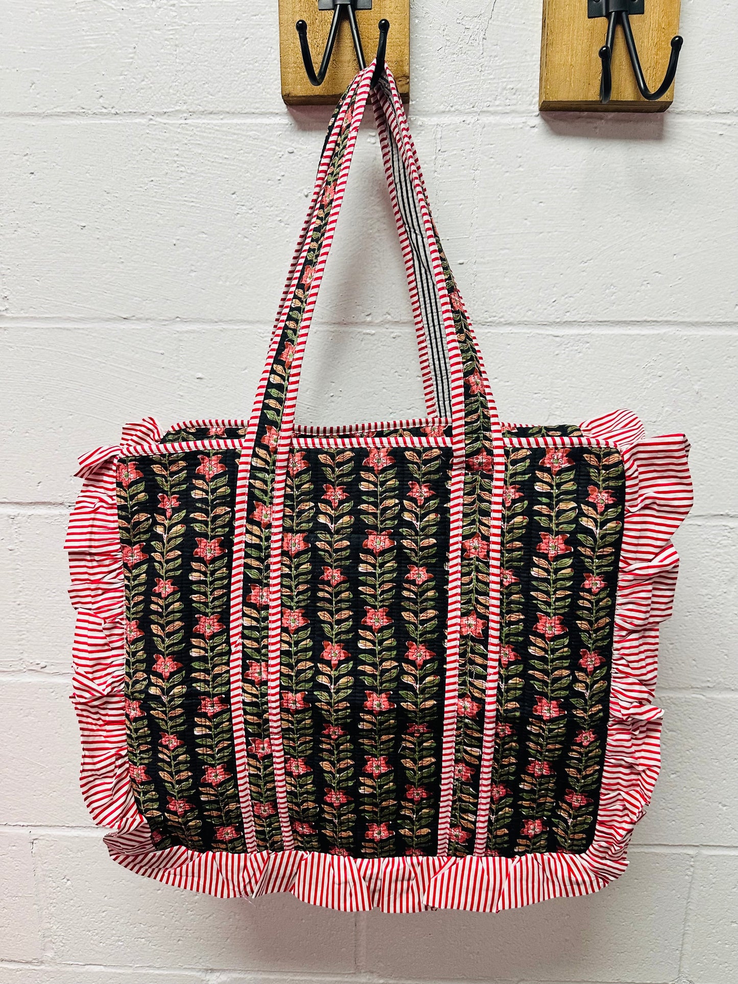 The Black Floral Ruffle Quilted Tote Bag