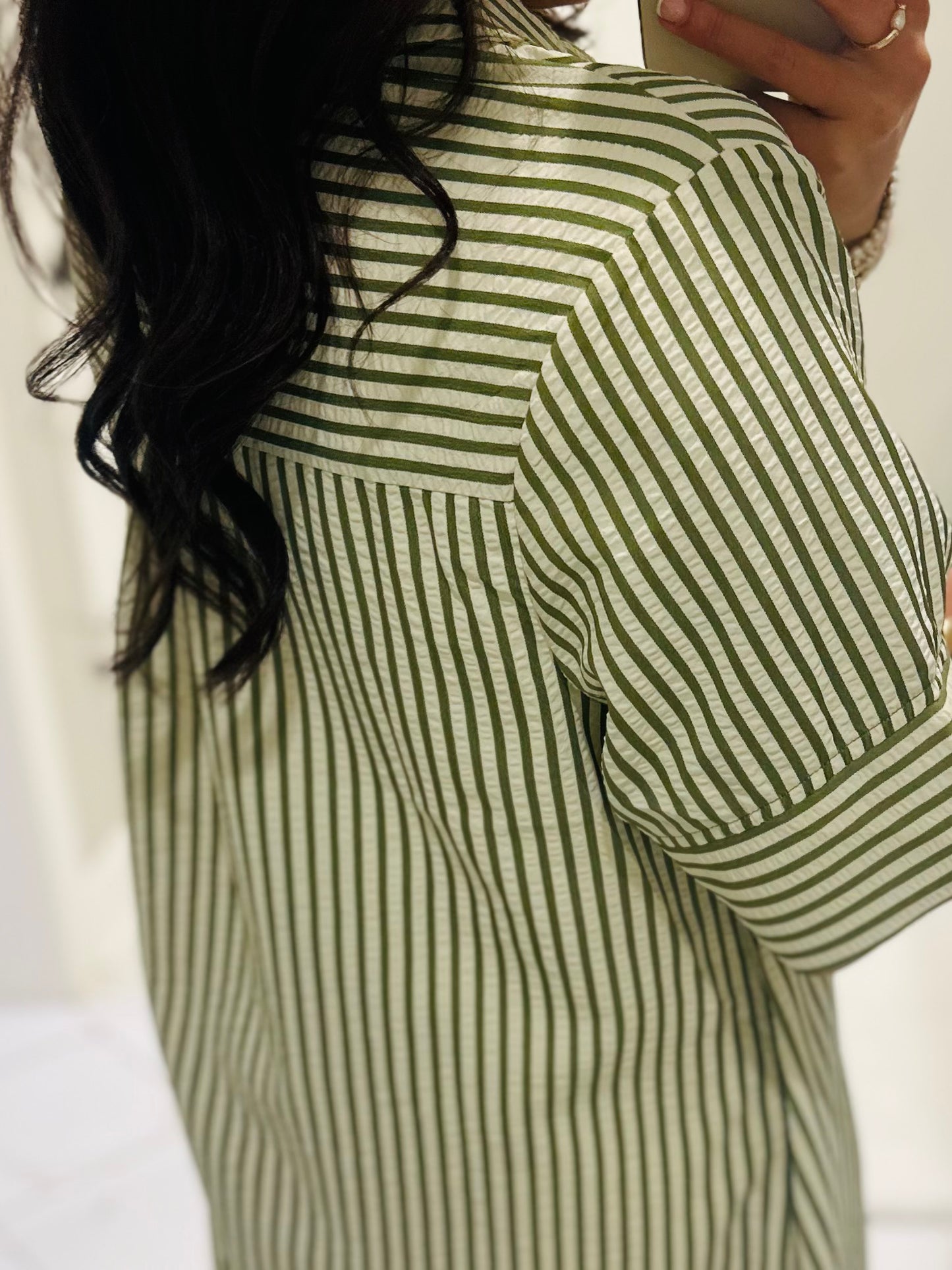 The Nora Olive Green Striped Midi Dress