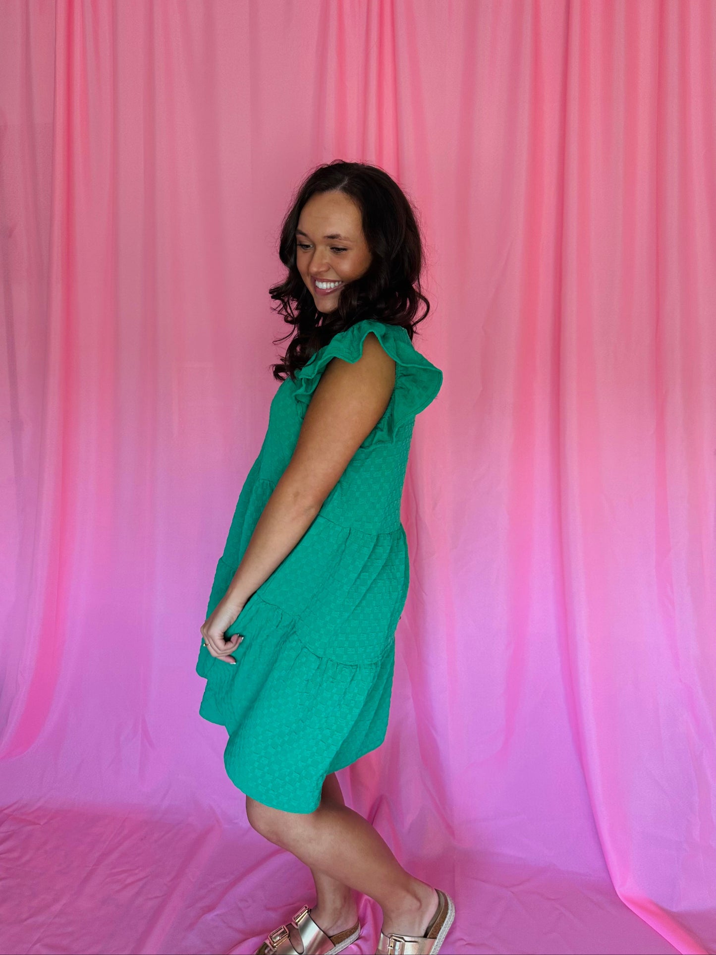 The Kodi Kelly Green Textured Tiered Swing Dress