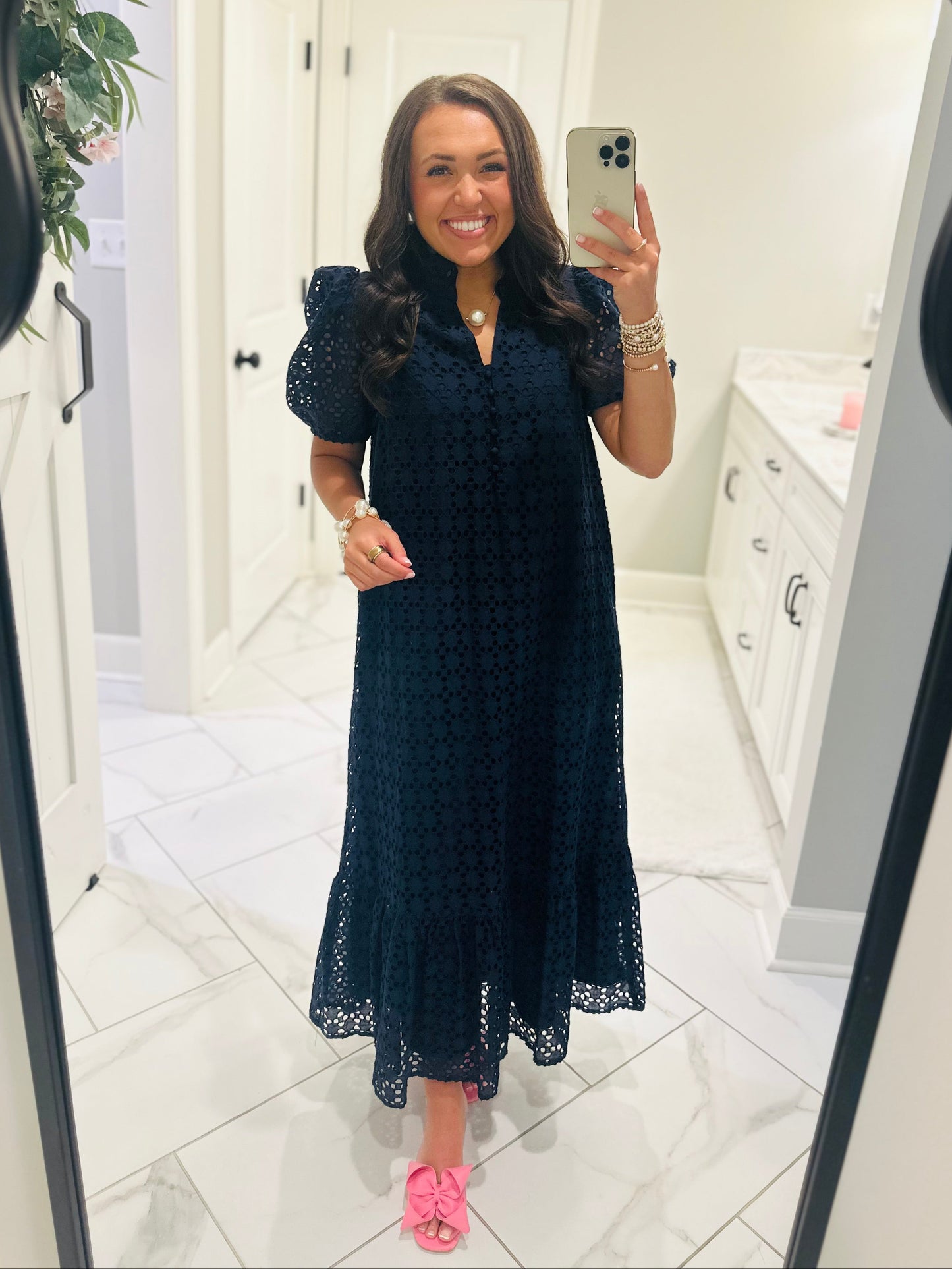 The Liz Navy Eyelet Midi Dress