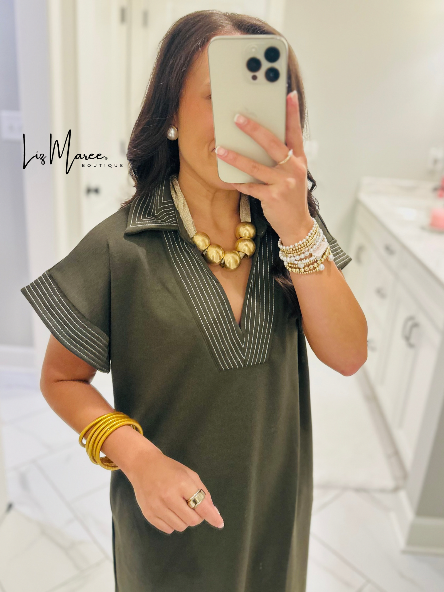 The Parker Olive Collared Stitch Midi Dress