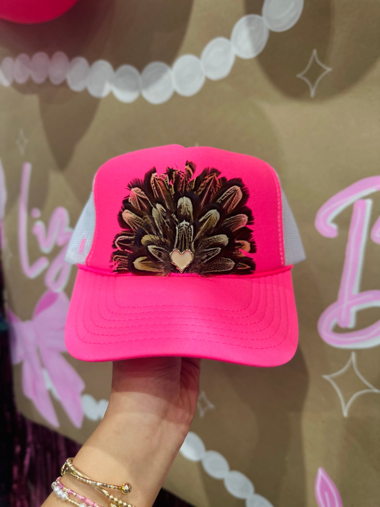 Neon Pink Feather + Heart Trucker Hat