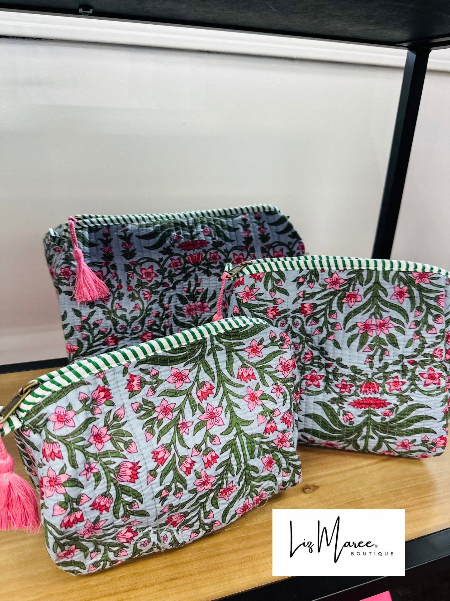 The Green + Blue Floral Quilted Cosmetic Bags - Set of 3