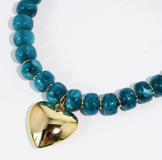 The Teal Beaded Heart Pendant Necklace