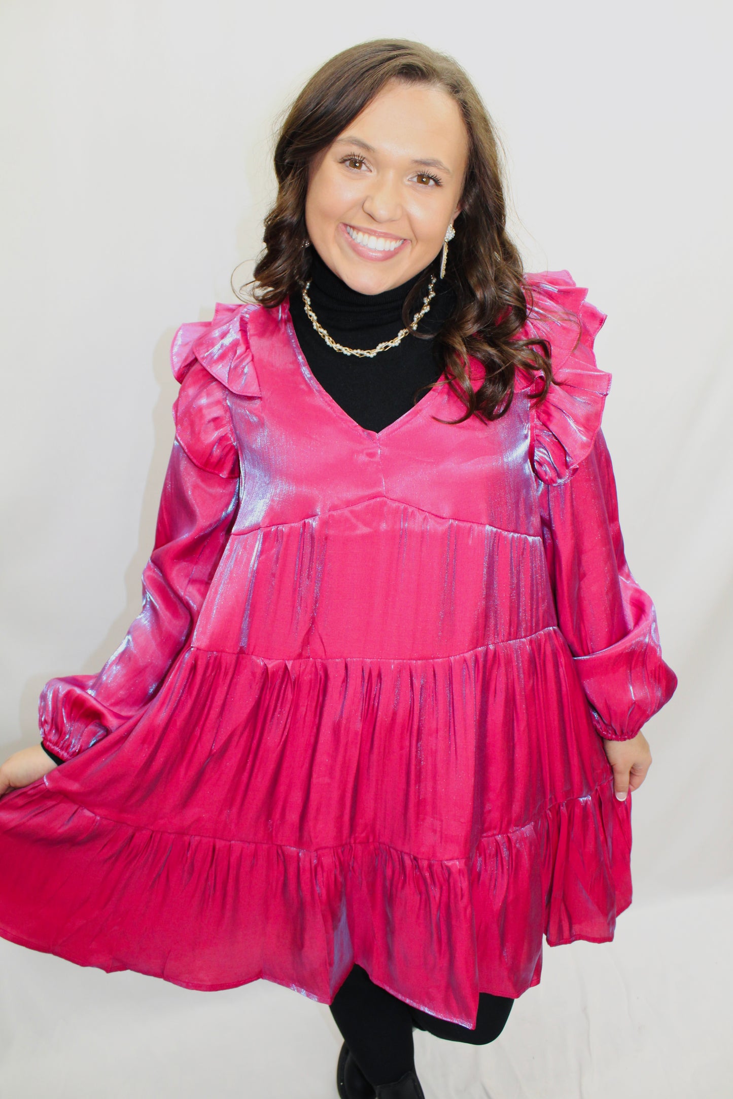 Berry Pink Metallic Tiered Dress