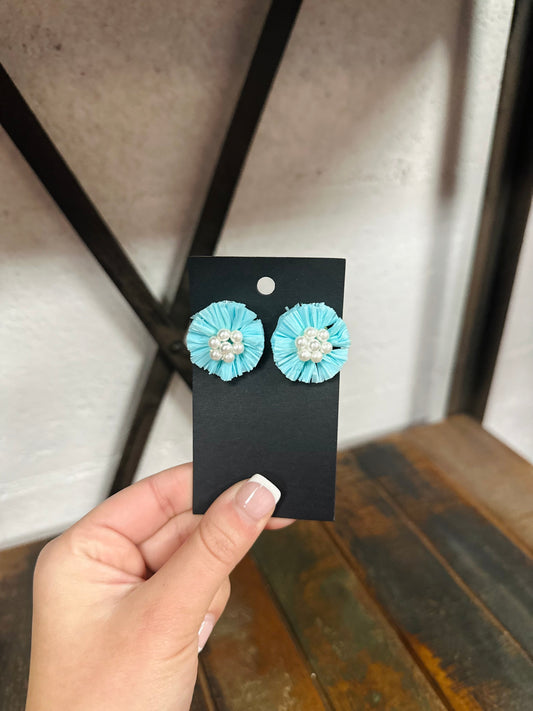 Pearl & Raffia Stud Earrings - Aqua