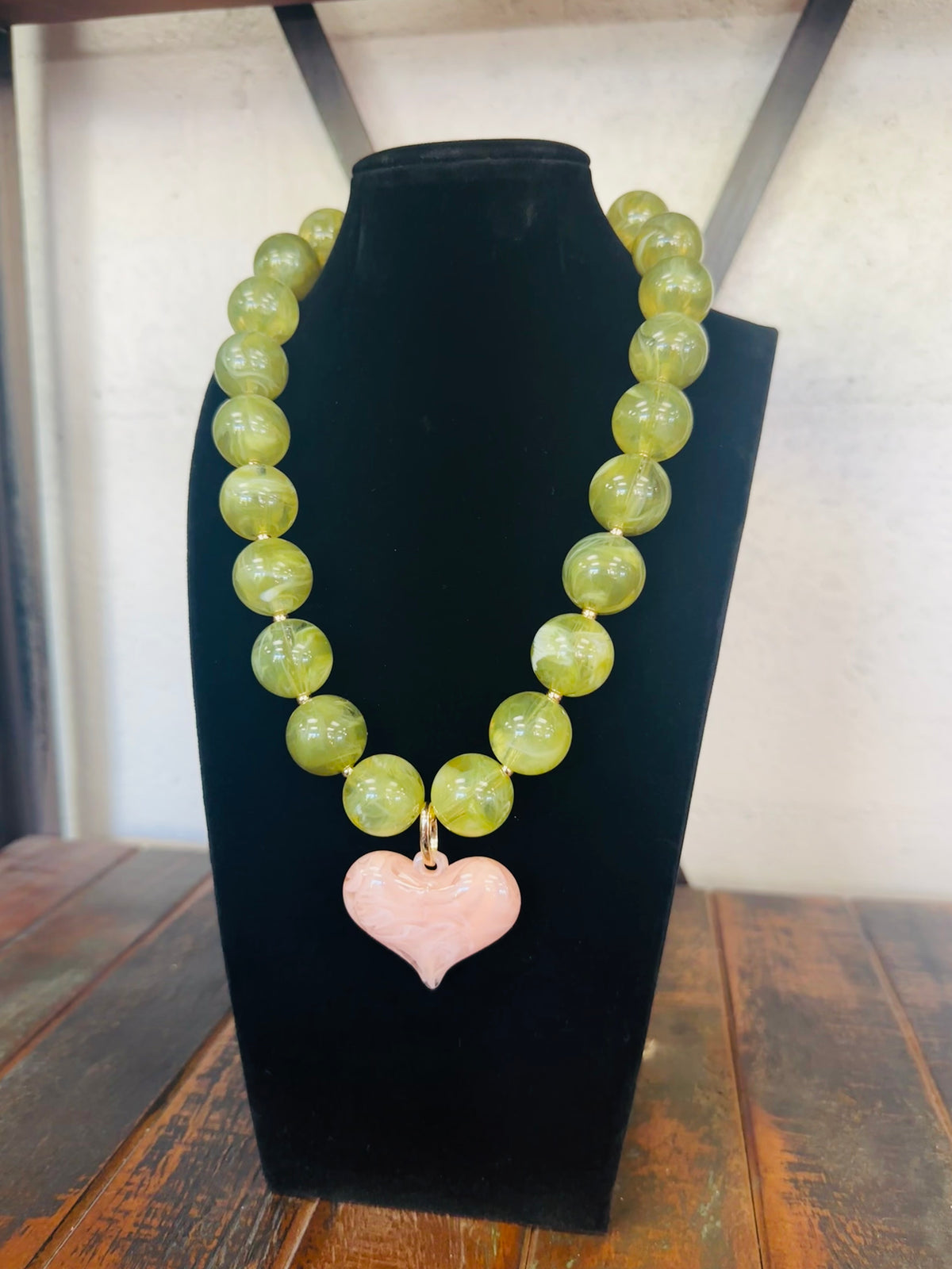 Olive Green + Pink Puffy Heart Marble Necklace