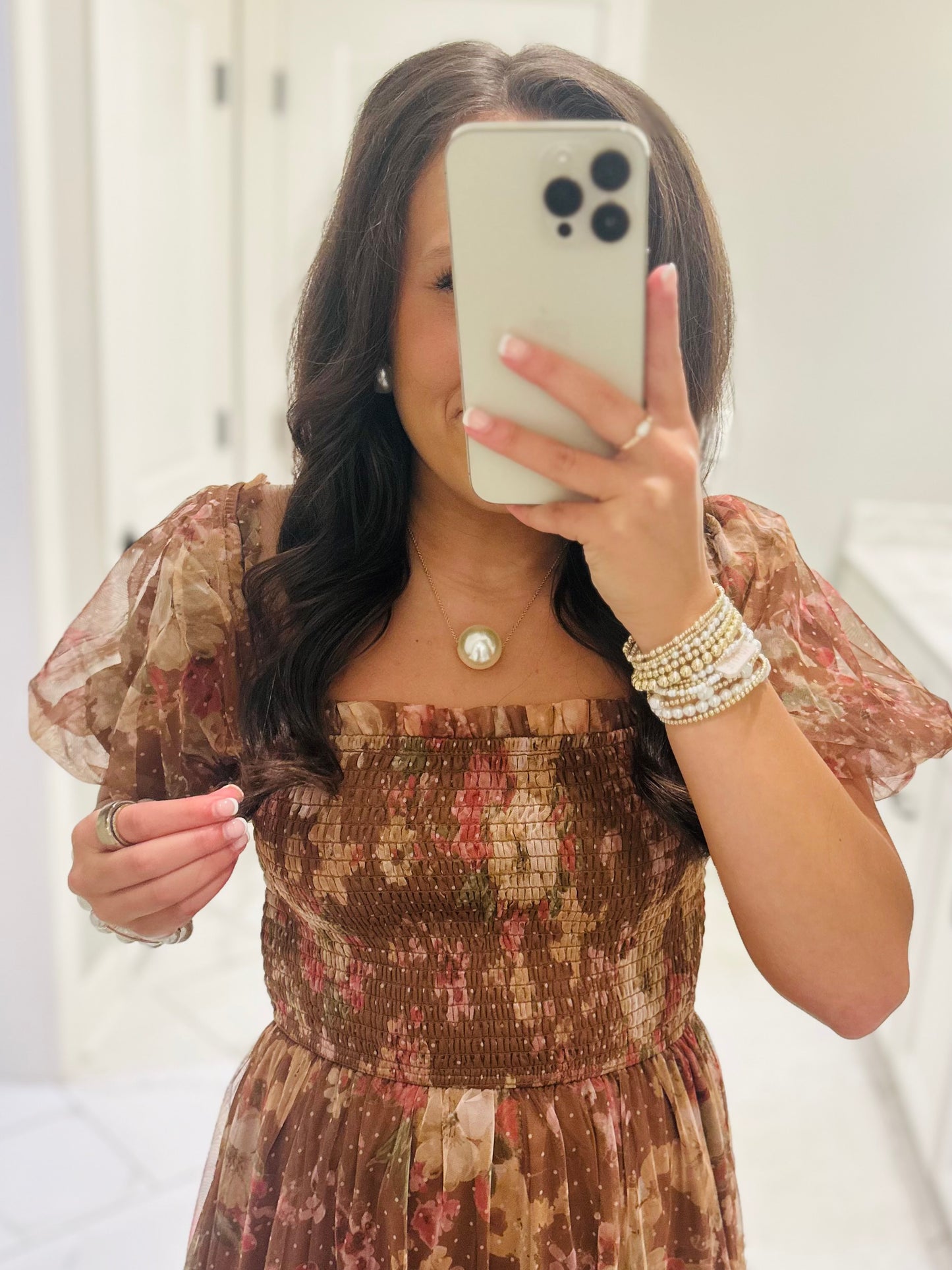 The Halston Light Brown Floral Polka Dot Midi Dress