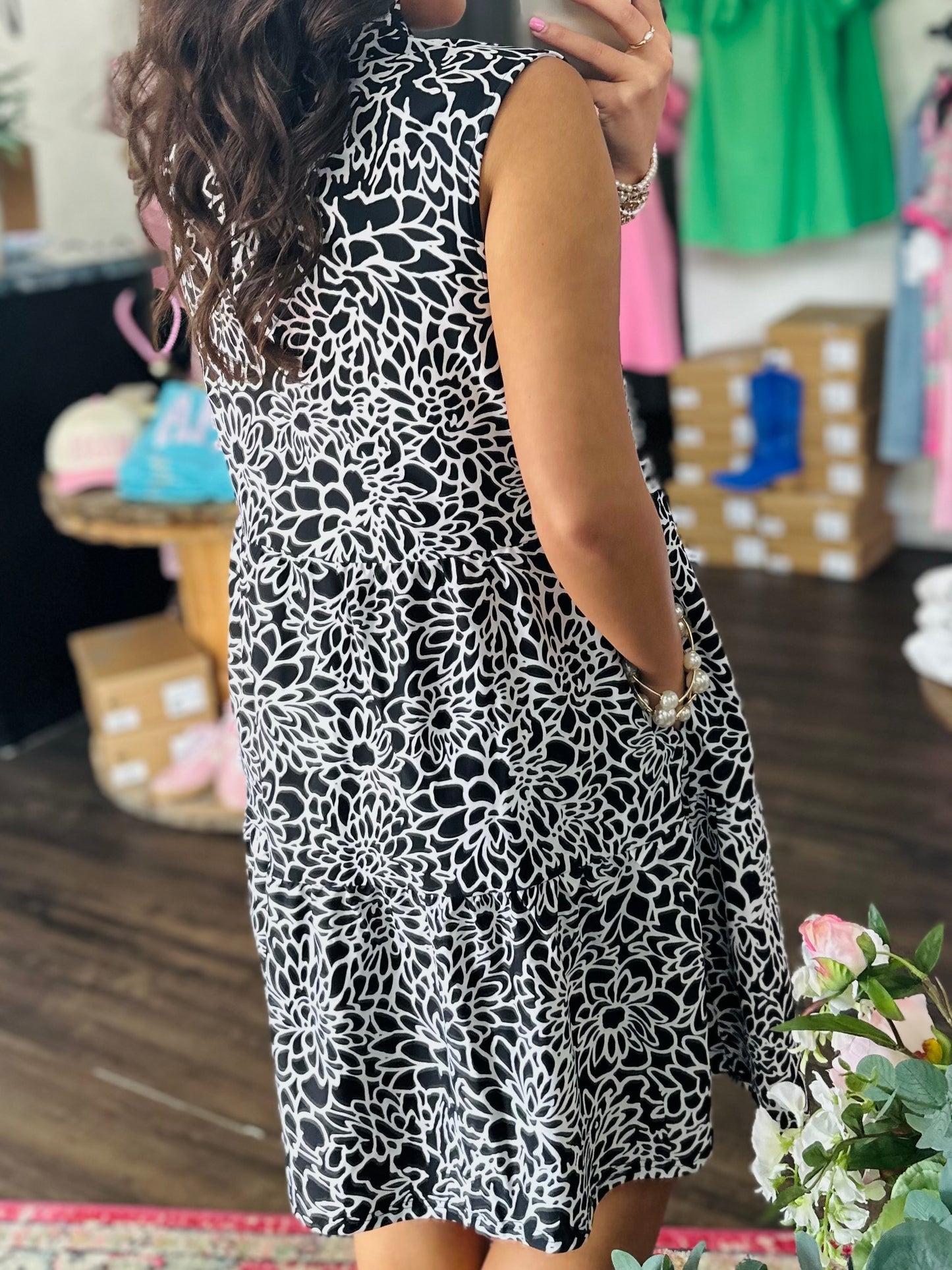 The Maia Black Floral Tiered Sleeveless Dress