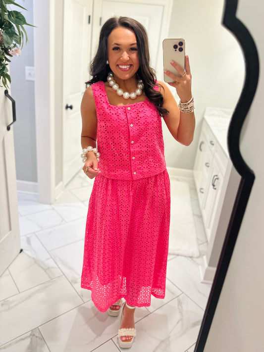 The Livi Hot Pink Eyelet Top + Skirt Set