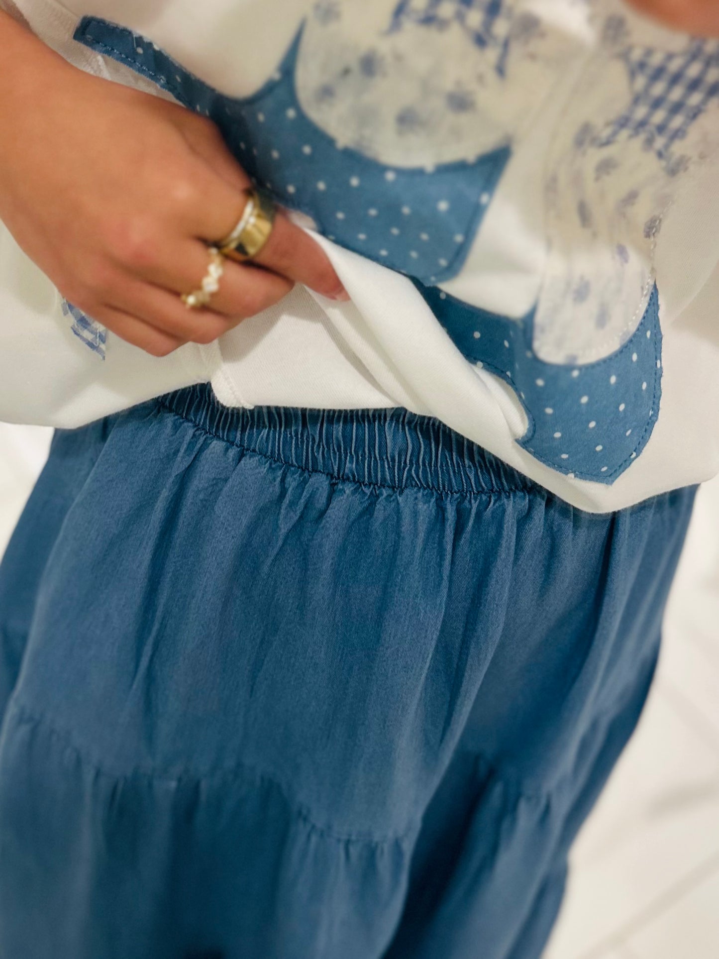 The Light Wash Denim Chambray Tiered Maxi Skirt