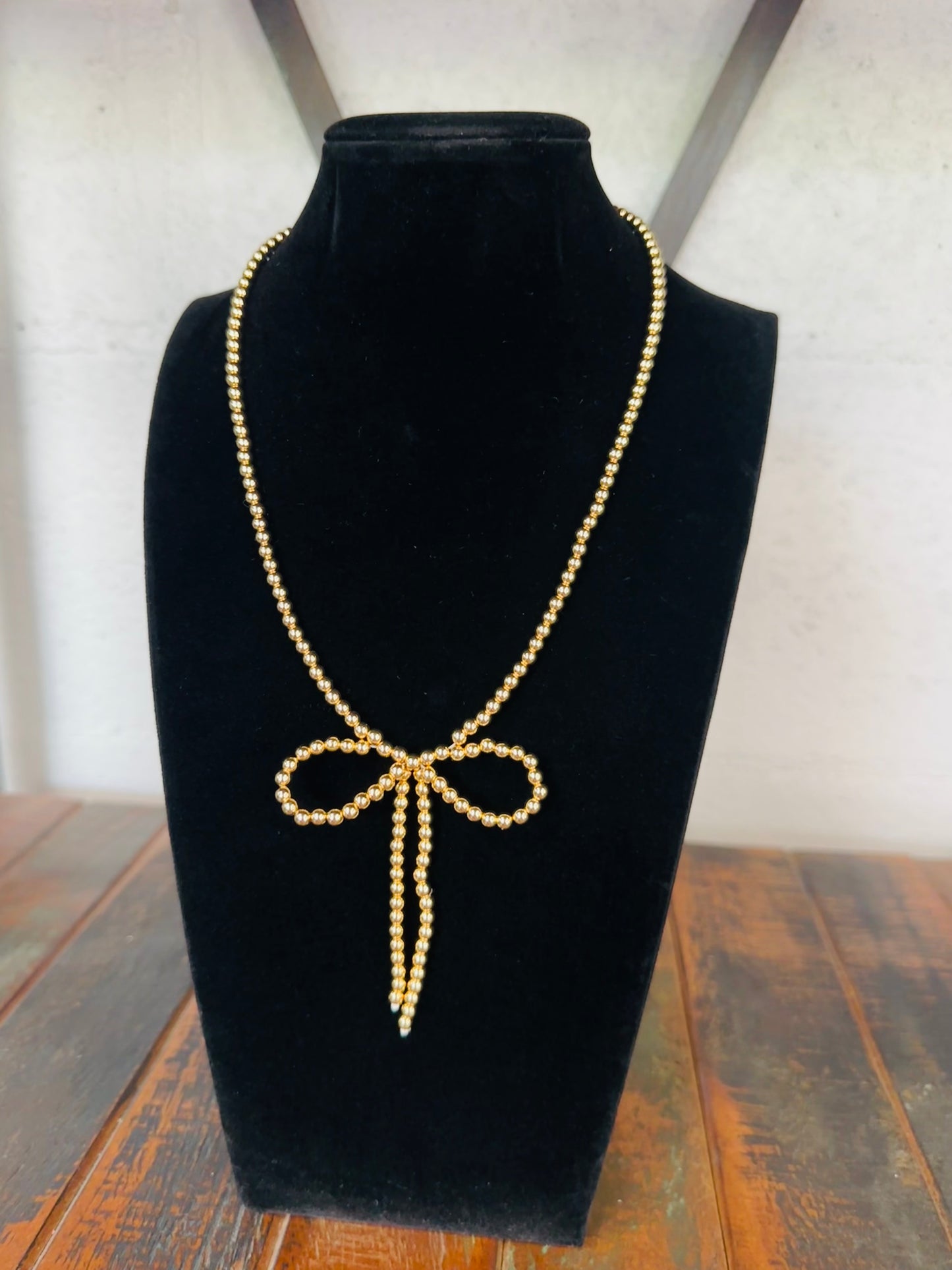 Gold Coquette Bow Beaded Necklace