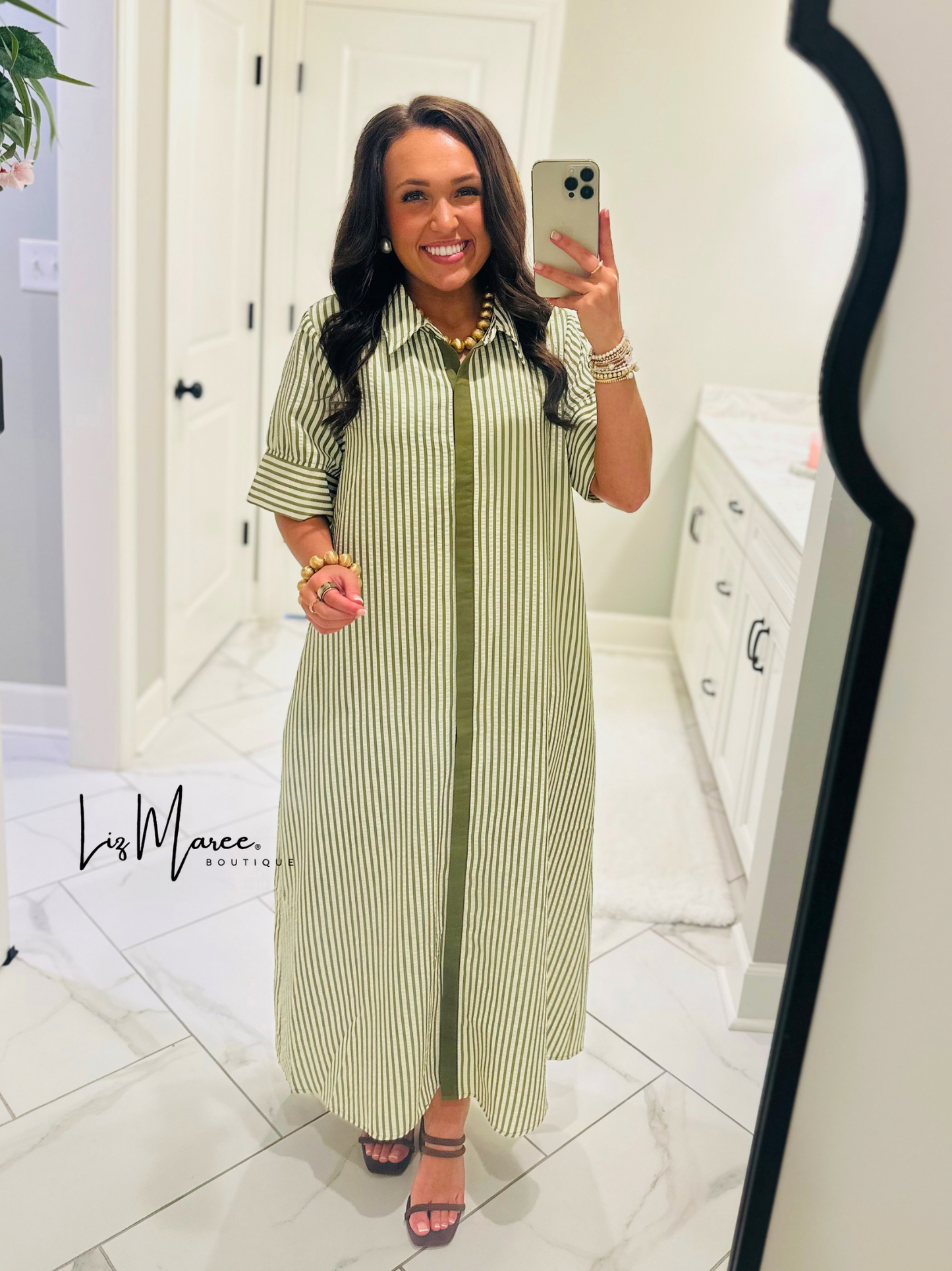 The Nora Olive Green Striped Midi Dress