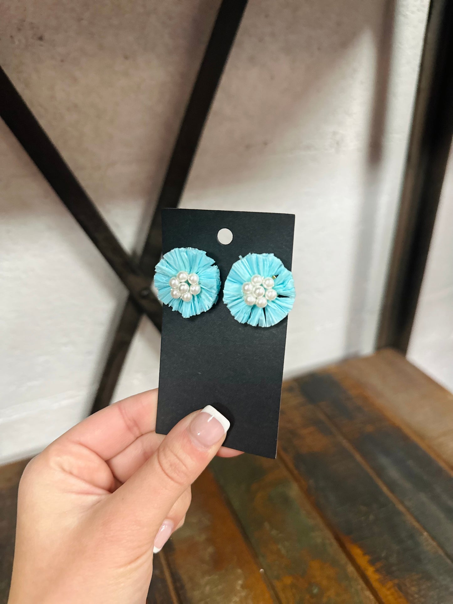 Pearl & Raffia Stud Earrings - Aqua