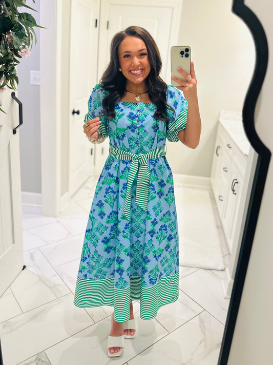 The Harlee Blue Botanical Midi Dress