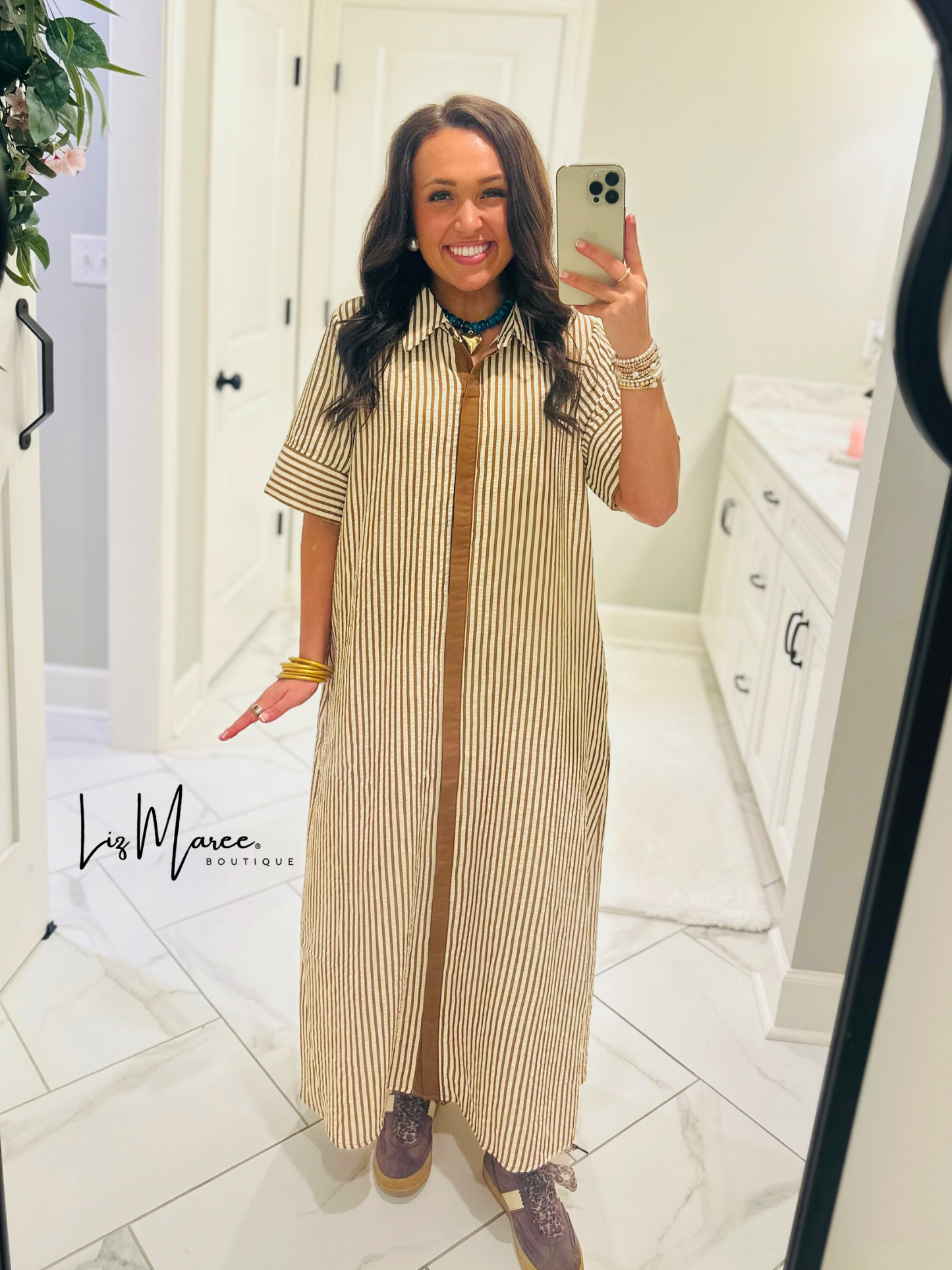The Nora Caramel Brown Striped Midi Dress