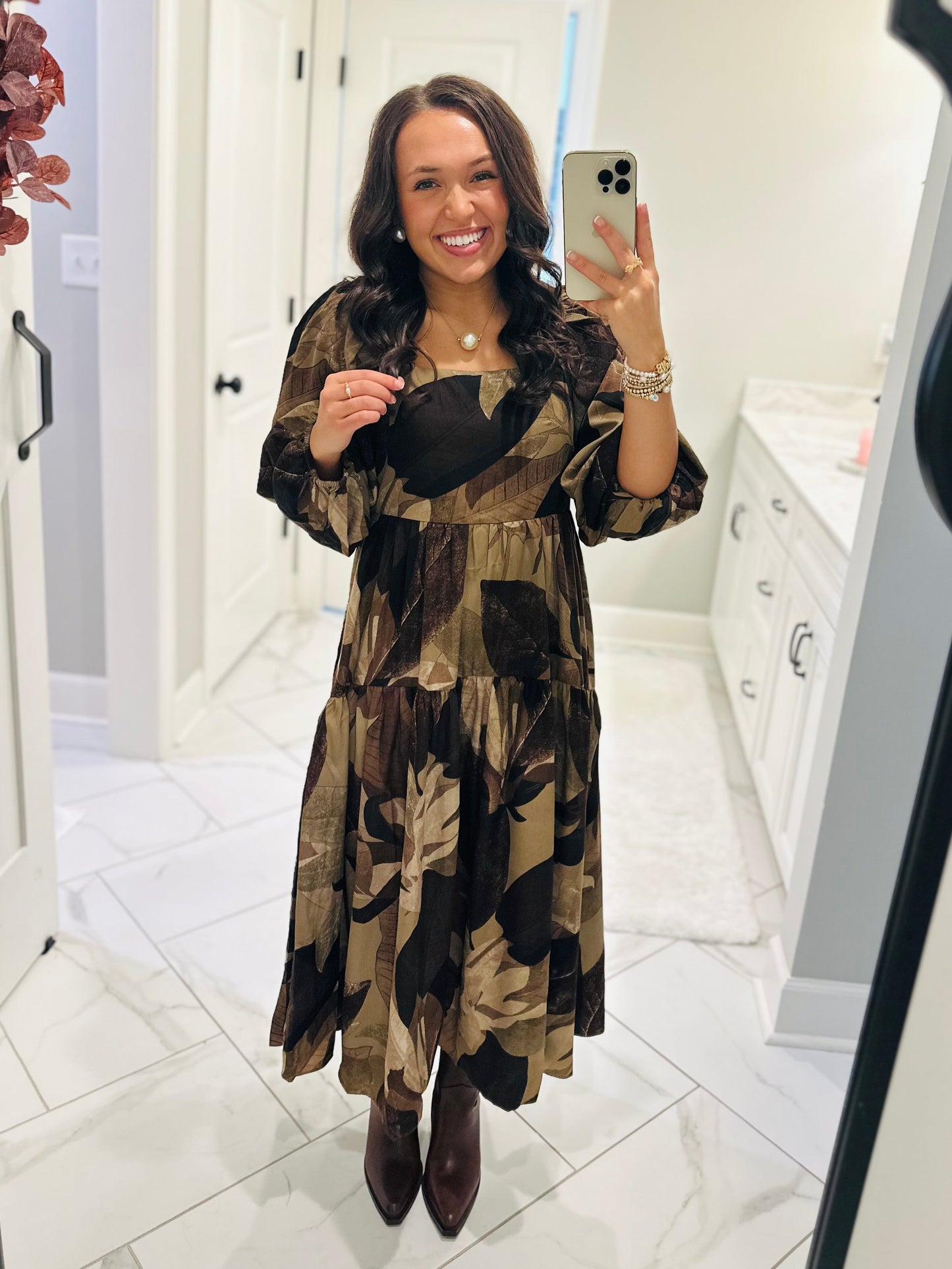 The Loretta Mocha Leaf Midi Dress