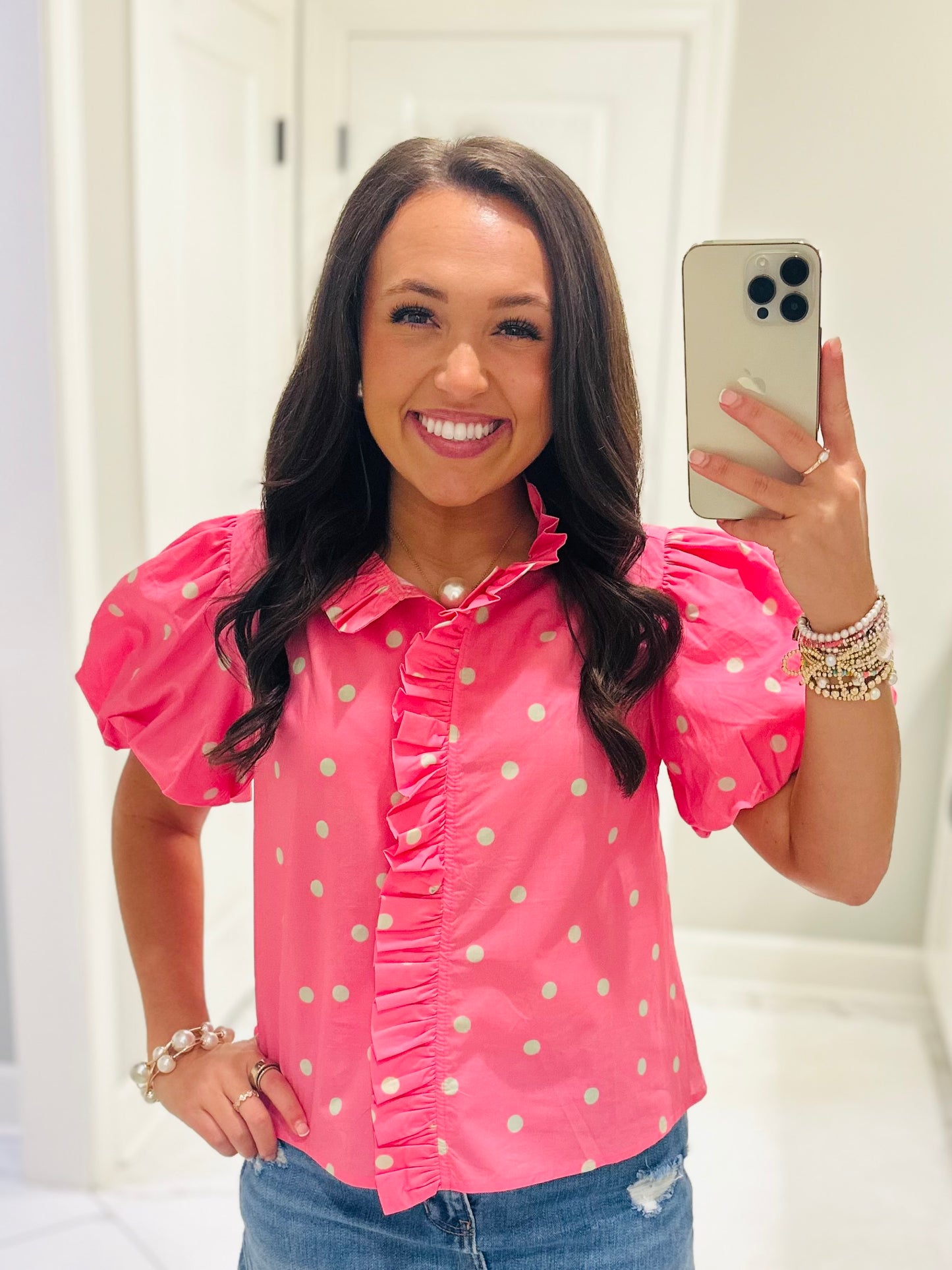 The June Pink + Green Polka Dot Top