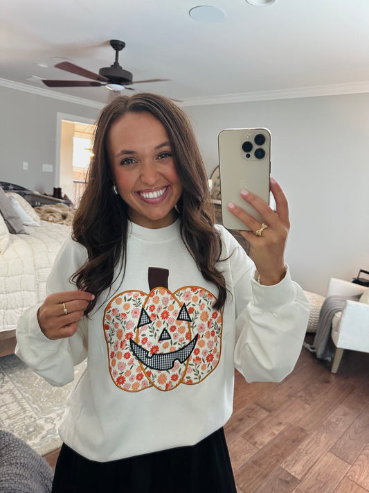 The Floral Printed Pumpkin Patchwork Crewneck