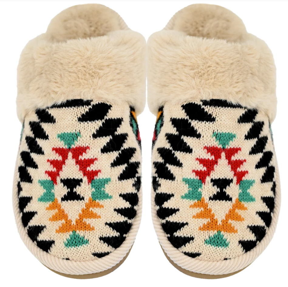 Beige Aztec Patterned Faux Fur C.C Slippers