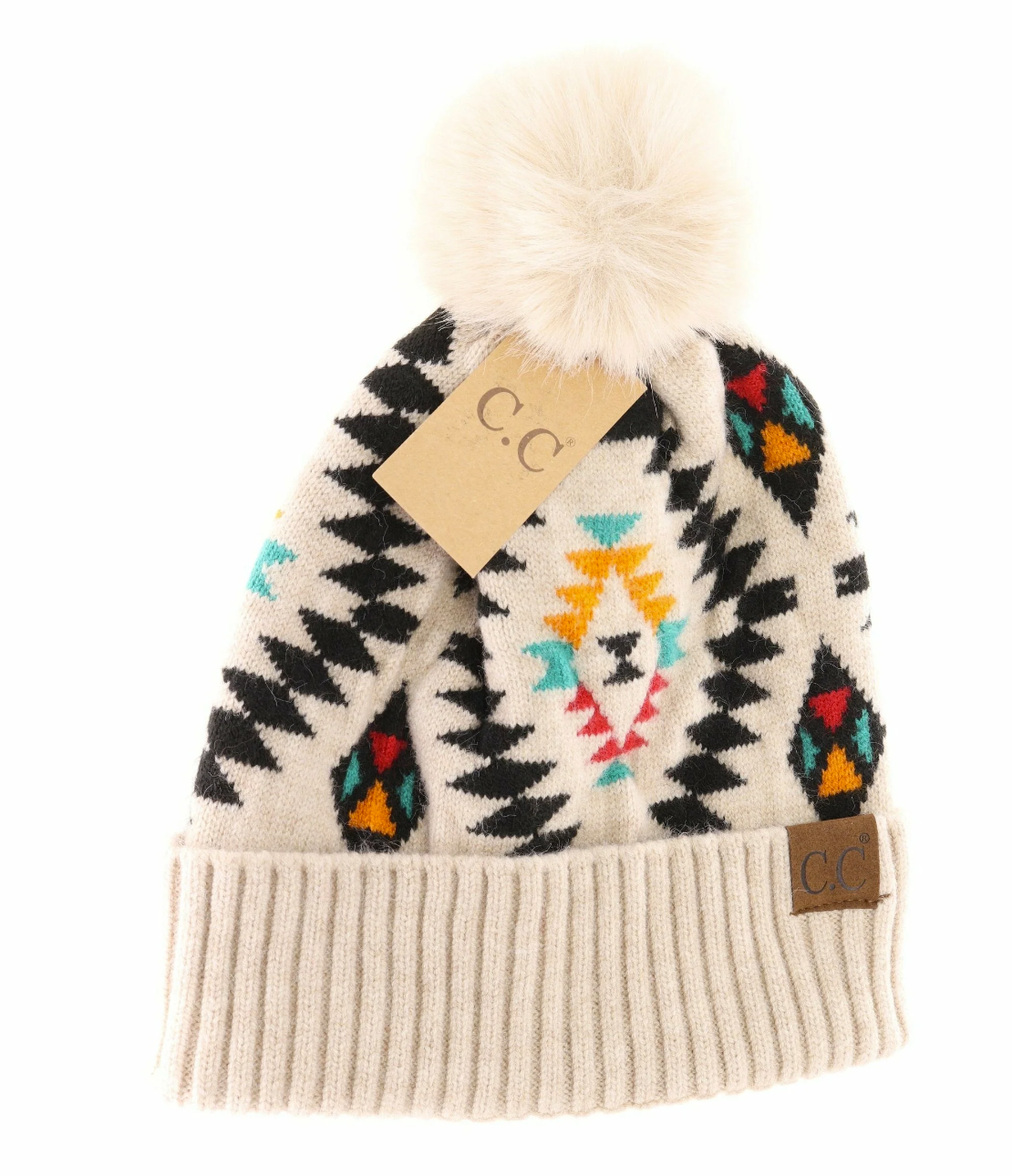 Aztec Patterned Faux Fur Pom C.C Beanie