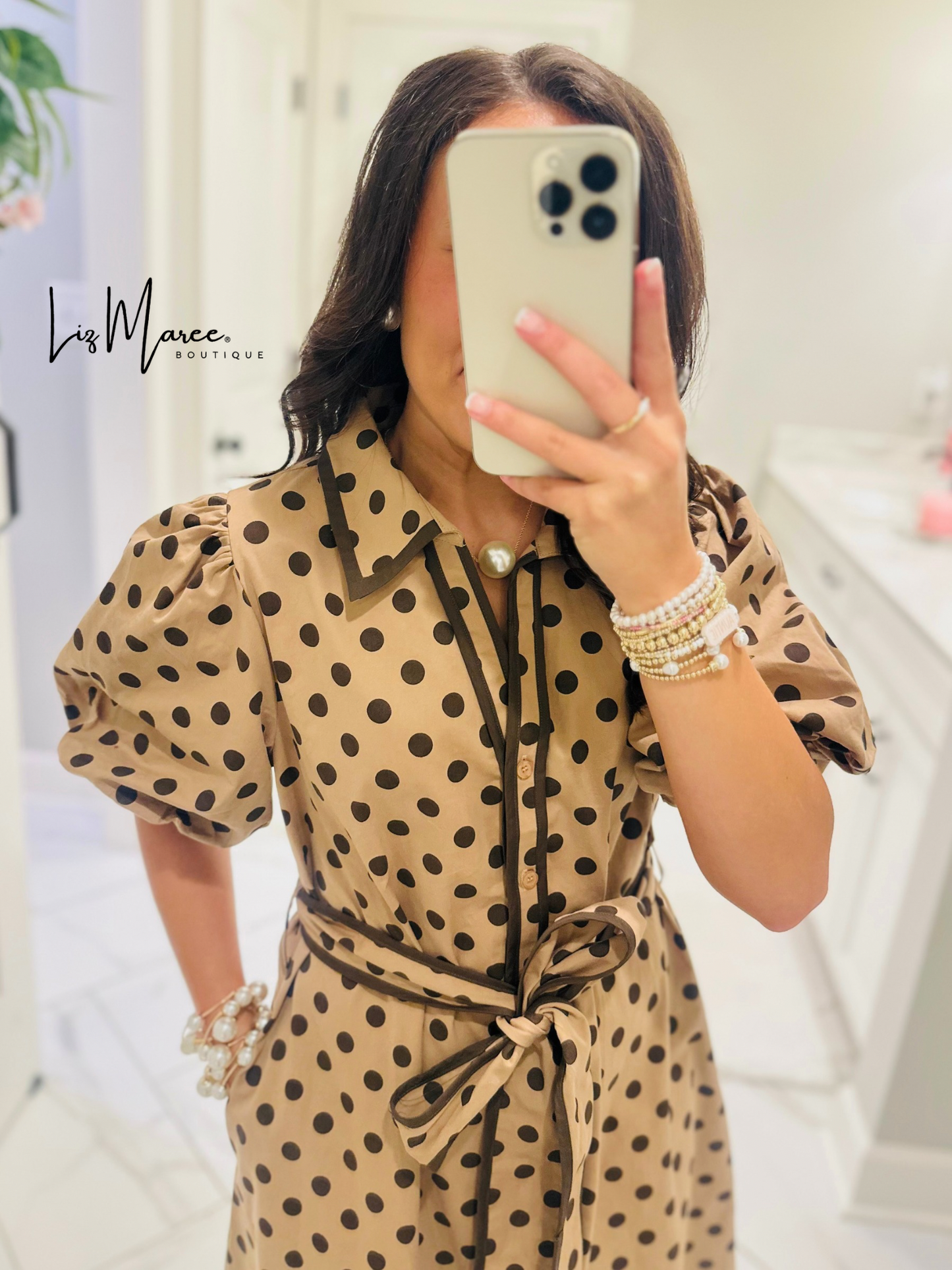 The Tatum Taupe Polka Dot Midi Dress
