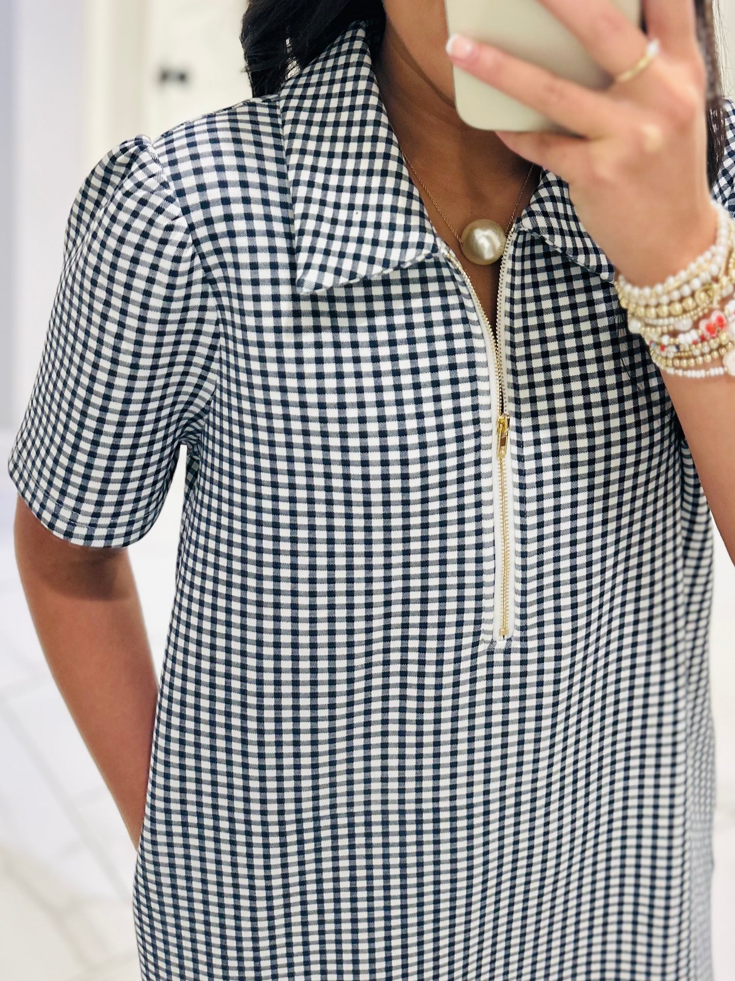 The Lee Navy Gingham Quarter Zip Dress